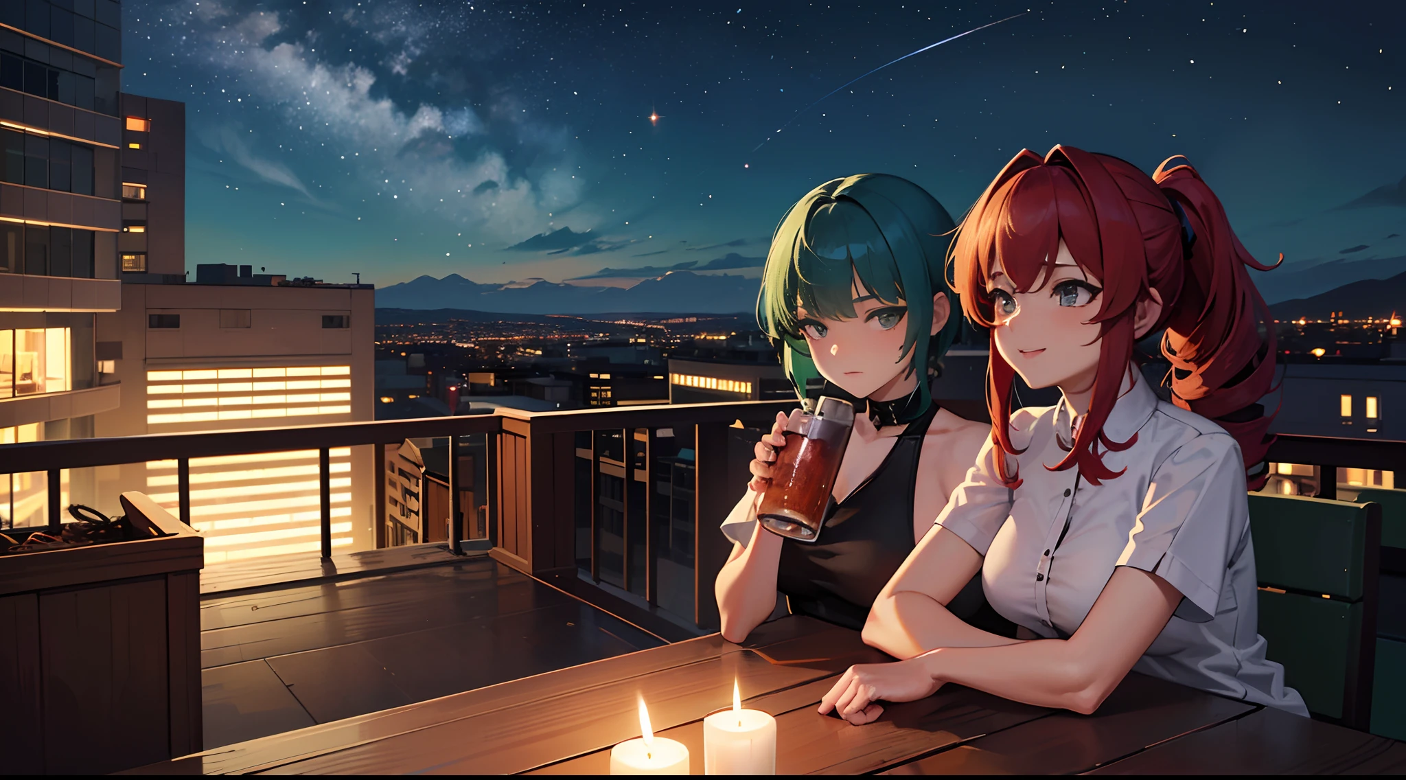 masterpiece, lots of detail, 4k, 8k, ((ultra-detailed)), highres, rooftop, 2girls, looking out, night, alcohol, drunk, {red hair|green hair|black hair|blue hair}, {ponytail|short hair|long hair|curly hair}