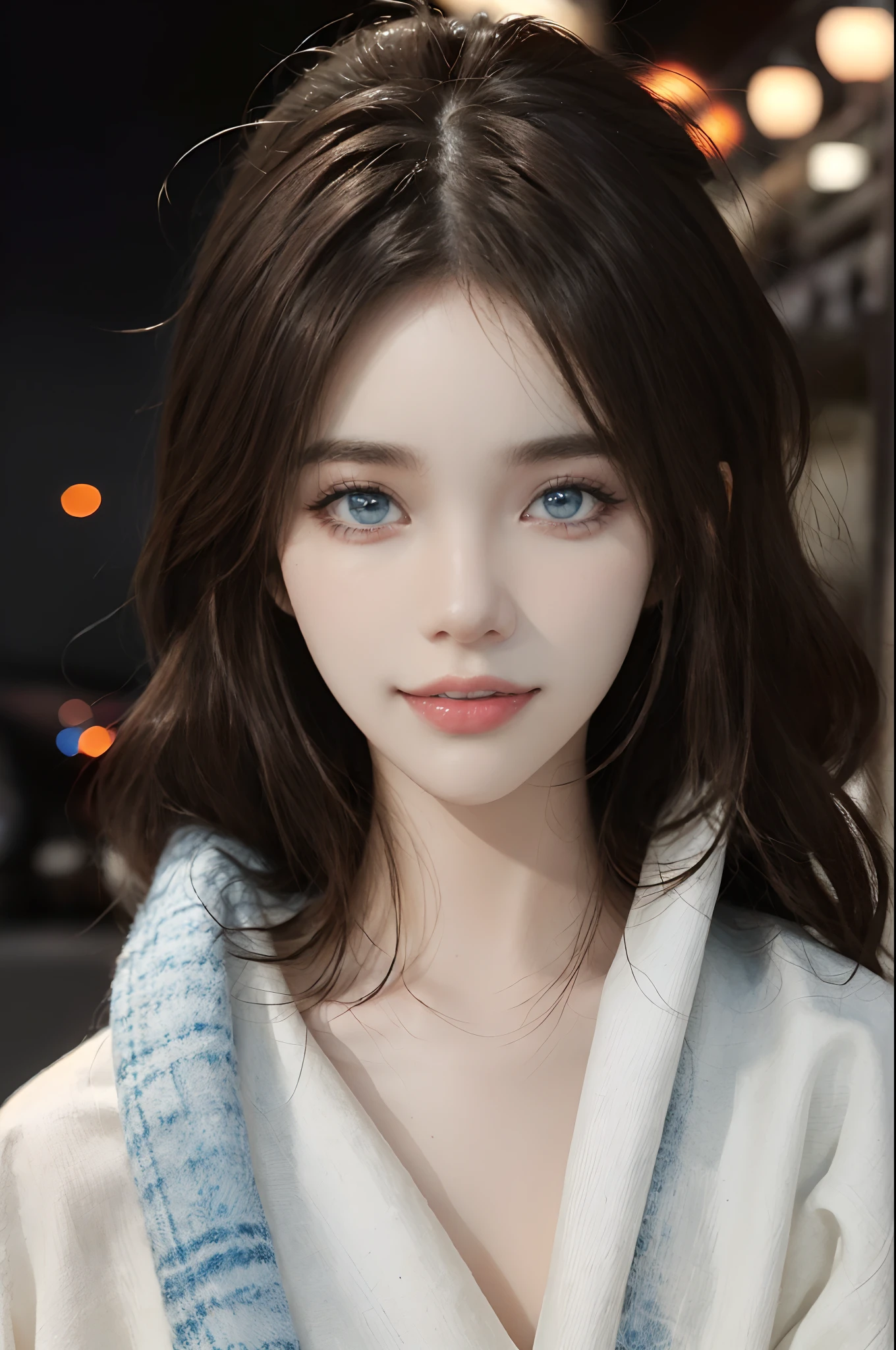 ((4K works))、masterpiece、(top-quality)、1 beutiful girl、Slim body、tall、((Attractive clothes in black and white))、(Detailed beautiful eyes)、Take selfies on the road at night、((Face similar to Carly Rae Jepsen))、((long boyish red hair))、((Smaller face))、((Neutral face))、((Bright blue eyes))、((American adult women))、((Adult female 26 years old))、((cool lady))、((Like a celebrity))、((Smiling expression))、((Korean Makeup))、((elongated and sharp eyes))、((Girlfriend enjoying happy date))、((boyish))、((She is walking in front of the viewer))、((She looks back))、((shot from back))、Professional Photos