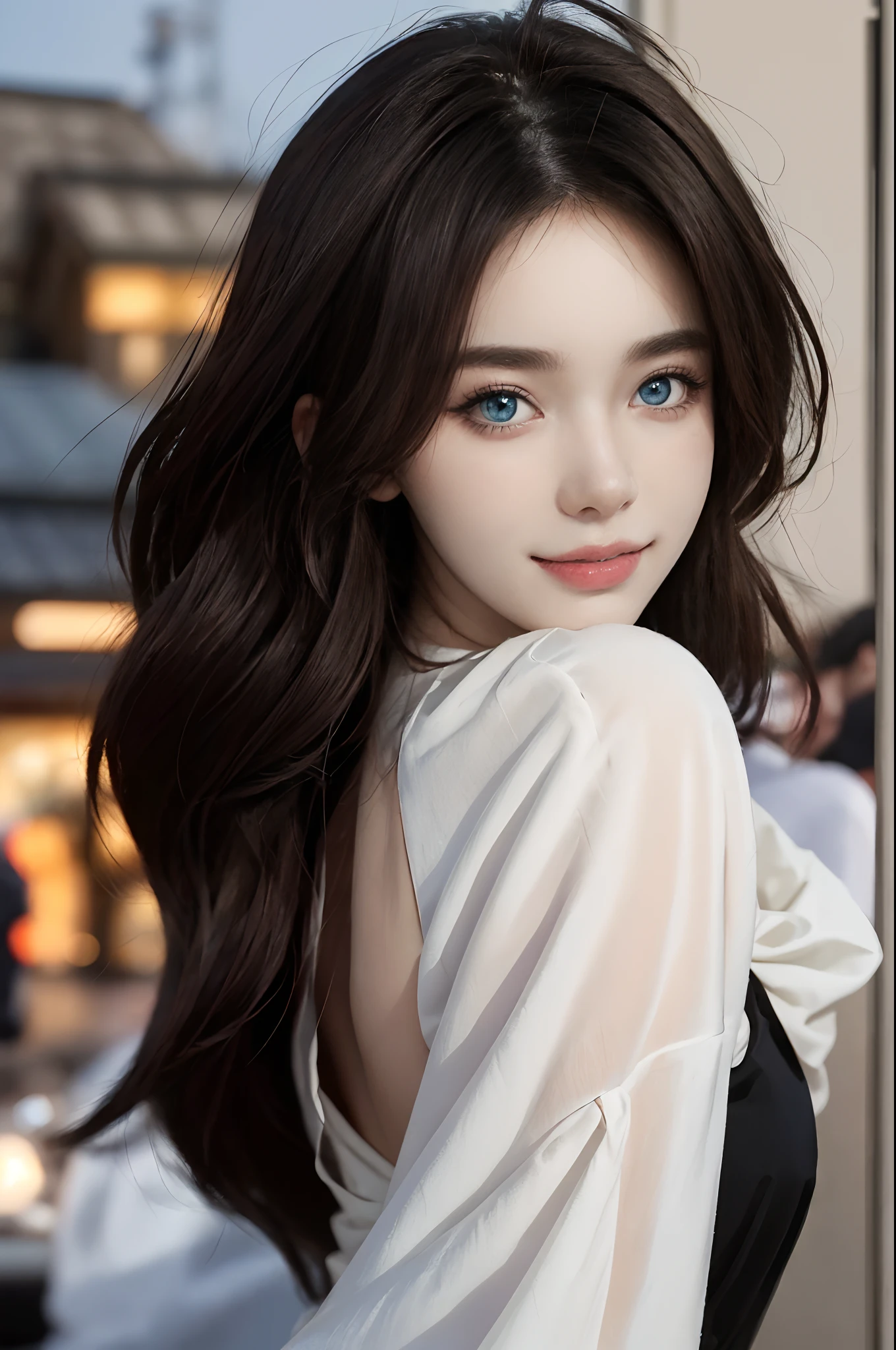 ((4K works))、masterpiece、(top-quality)、1 beutiful girl、Slim body、tall、((Attractive clothes in black and white))、(Detailed beautiful eyes)、Take selfies on the road at night、((Face similar to Carly Rae Jepsen))、((long boyish red hair))、((Smaller face))、((Neutral face))、((Bright blue eyes))、((American adult women))、((Adult female 26 years old))、((cool lady))、((Like a celebrity))、((Smiling expression))、((Korean Makeup))、((elongated and sharp eyes))、((Girlfriend enjoying happy date))、((boyish))、((She is walking in front of the viewer))、((She looks back))、((shot from back))、Professional Photos