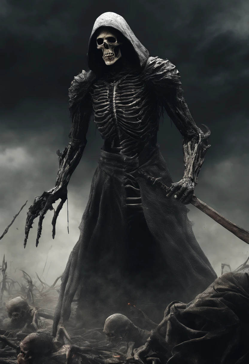 Realistic, 4k, Um anjo + Rei esqueleto com detalhes intrincados, Presenting detailed information items and skill images with dynamic effects + com asas grandes, uma espada, a hood over his head in the background image of a war (caos)
