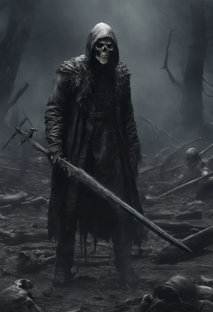 Realistic, 4k, Um anjo + Rei esqueleto com detalhes intrincados, Presenting detailed information items and skill images with dynamic effects + com asas grandes, uma espada, a hood over his head in the background image of a war (caos)