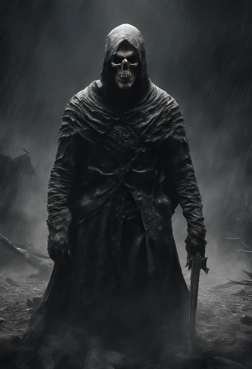 Realistic, 4k, Um anjo + Rei esqueleto com detalhes intrincados, Presenting detailed information items and skill images with dynamic effects + com asas grandes, uma espada, a hood over his head in the background image of a war (caos)