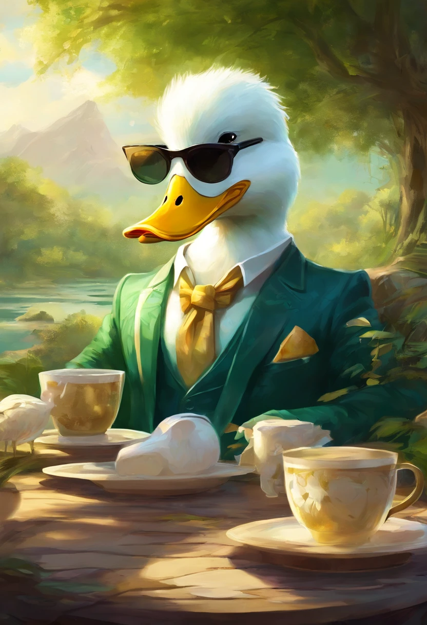 An Anime White Duck Mafia boss with sun glasses drinking a coffee, Perfect body, perfect facem Cinematic, Terror, horror, Green bioluminicense, HD, Dark fantaksy