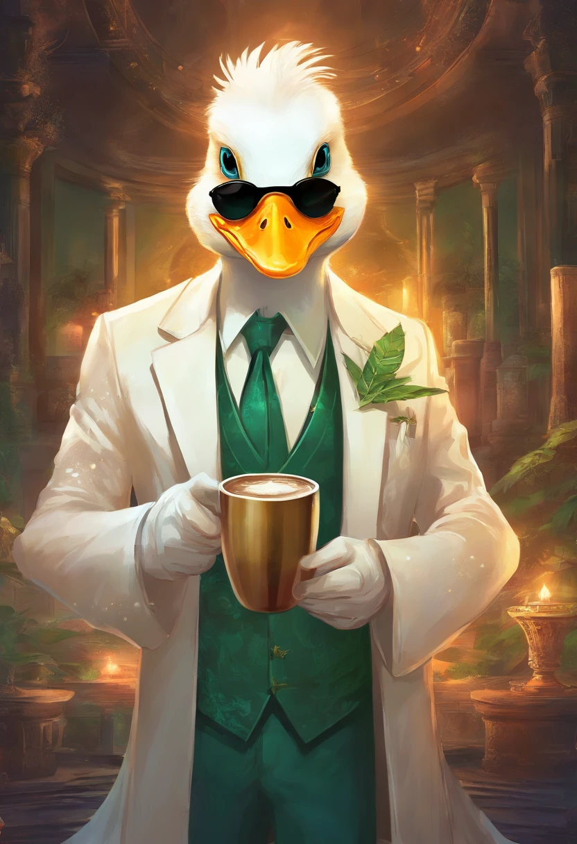 An Anime White Duck Mafia boss with sun glasses drinking a coffee, Perfect body, perfect facem Cinematic, Terror, horror, Green bioluminicense, HD, Dark fantaksy