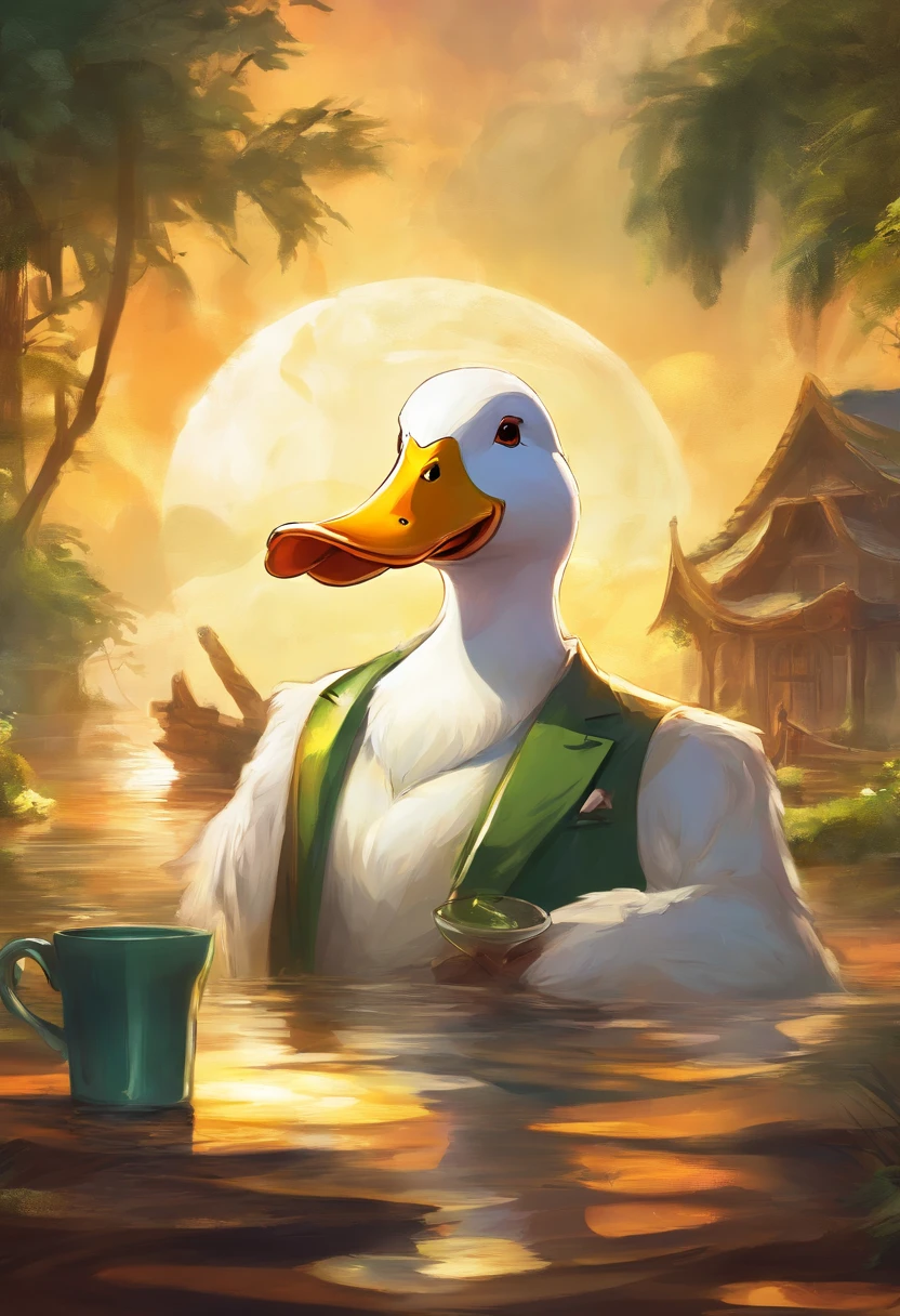 An Anime White Duck Mafia boss with sun glasses drinking a coffee, Perfect body, perfect facem Cinematic, Terror, horror, Green bioluminicense, HD, Dark fantaksy