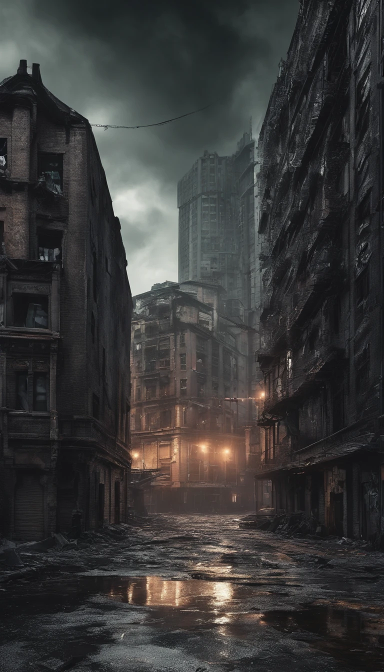 best quality,4k,8k,highres,masterpiece:1.2,ultra-detailed,realistic,photorealistic:1.37,impressive,post-apocalyptic,cyberpunk-style, city street,bustling,neon-lit,gritty,dystopian,high-rise buildings,hovering vehicles,futuristic architecture,dilapidated buildings,dark alleyways,heavy rain,pouring rain,flickering streetlights,glowing signs,holographic advertisements,reflective wet pavement,abandoned vehicles,smoke-filled atmosphere,city smog,cracked concrete,electrical wires hanging,piles of trash,rusty metal,graffiti-covered walls
