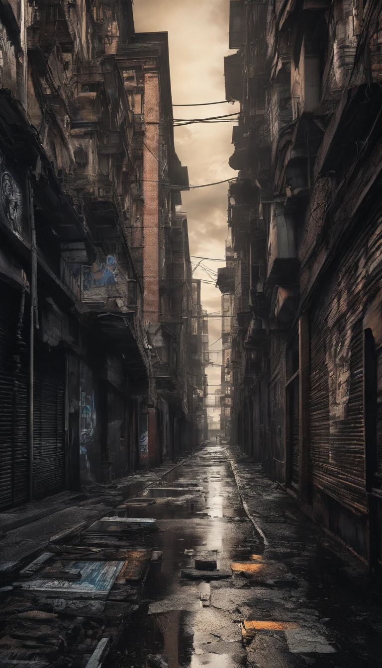 best quality,4k,8k,highres,masterpiece:1.2,ultra-detailed,realistic,photorealistic:1.37,impressive,post-apocalyptic,cyberpunk-style, city street,bustling,neon-lit,gritty,dystopian,high-rise buildings,hovering vehicles,futuristic architecture,dilapidated buildings,dark alleyways,heavy rain,pouring rain,flickering streetlights,glowing signs,holographic advertisements,reflective wet pavement,abandoned vehicles,smoke-filled atmosphere,city smog,cracked concrete,electrical wires hanging,piles of trash,rusty metal,graffiti-covered walls