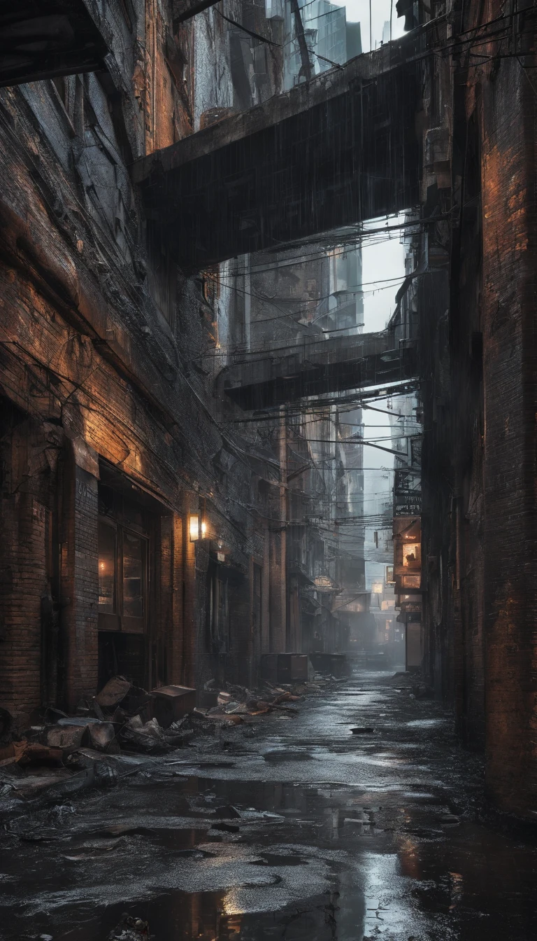 best quality,4k,8k,highres,masterpiece:1.2,ultra-detailed,realistic,photorealistic:1.37,impressive,post-apocalyptic,cyberpunk-style, city street,bustling,neon-lit,gritty,dystopian,high-rise buildings,hovering vehicles,futuristic architecture,dilapidated buildings,dark alleyways,heavy rain,pouring rain,flickering streetlights,glowing signs,holographic advertisements,reflective wet pavement,abandoned vehicles,smoke-filled atmosphere,city smog,cracked concrete,electrical wires hanging,piles of trash,rusty metal,graffiti-covered walls