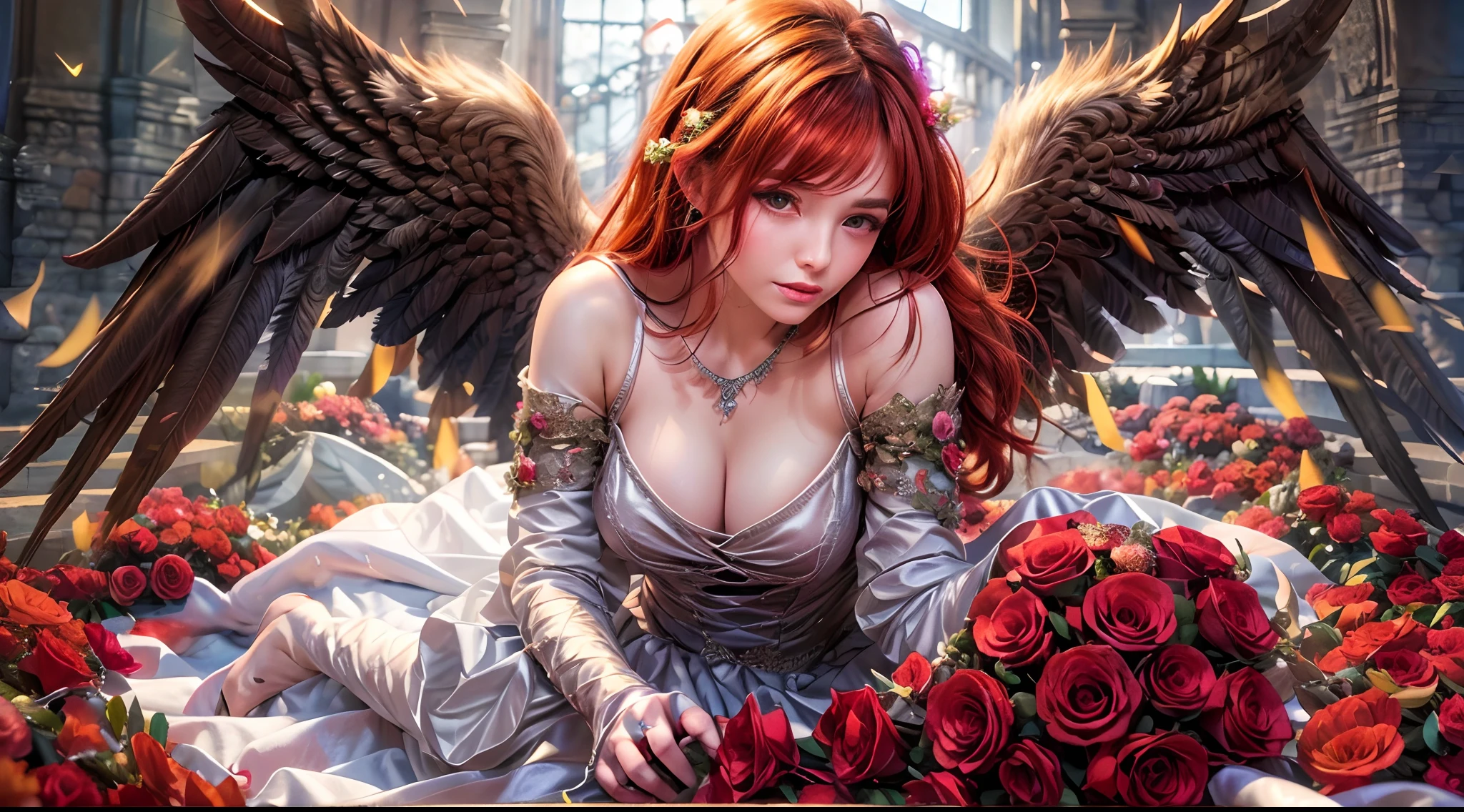 (Best quality,4K,8K,A high resolution,Masterpiece:1.2), Ultra-detailed,(Realistic,Photorealistic,photo-realistic:1.37), Amazingly beautiful girl with fire red hair, eery,ellegance, Enchanting eyes, Angel wings, Dressed in medieval armor. Crimson roses were scattered on the ground, Leather gloves, Slender legs, Fire red high heels.wedding gown