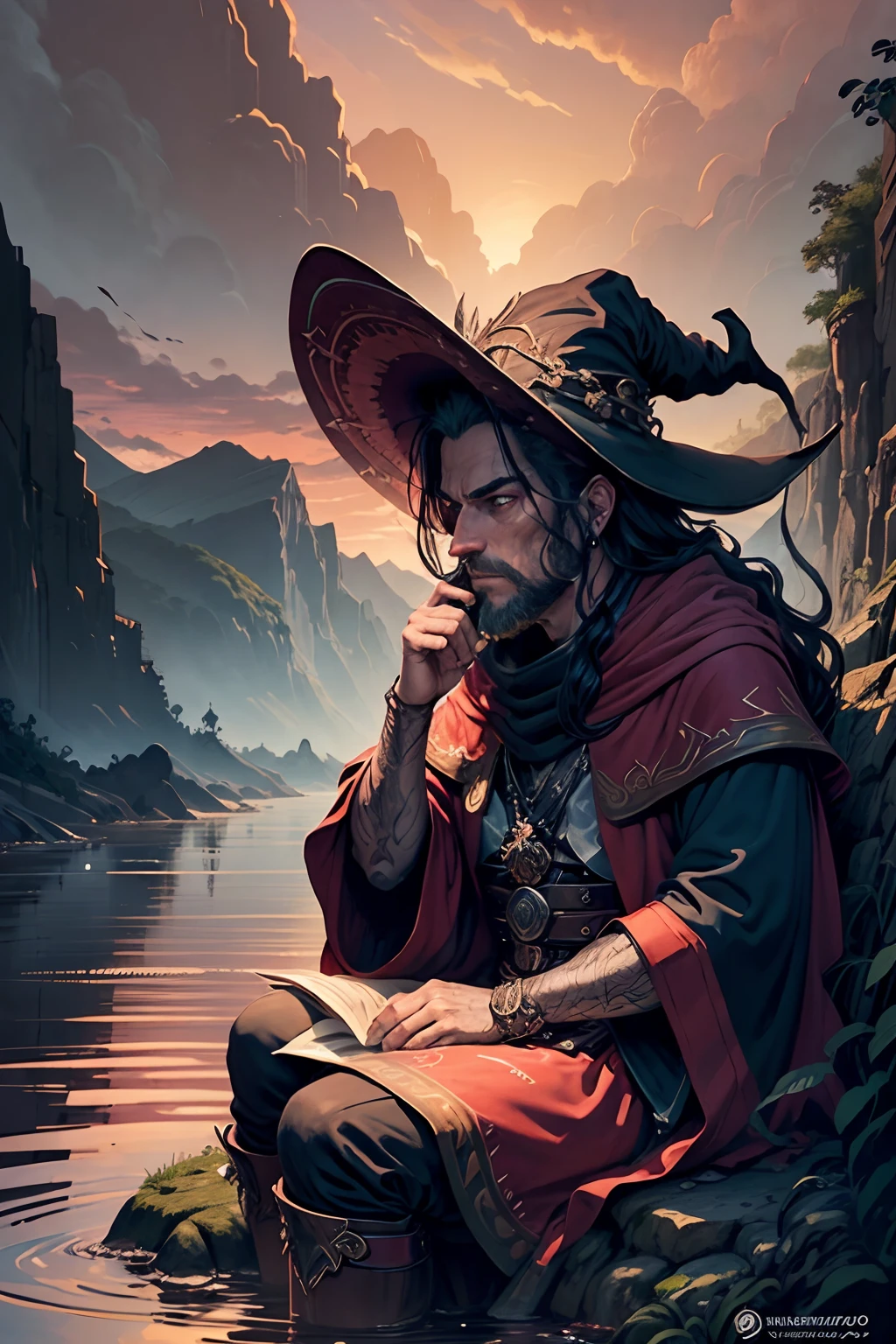 Desenhe um caiaque descendo as corredeiras de um rio furioso, fundo neutro, Moody, wizard sitting by a river, in the sunset, rosto bonito
