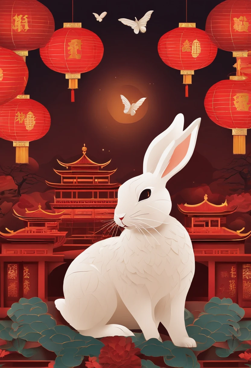 Zodiac rabbit，mid-autumn festival，Festival lanterns，The background is the streets of ancient China，Paper Cuttings style，Oriental style pattern，
