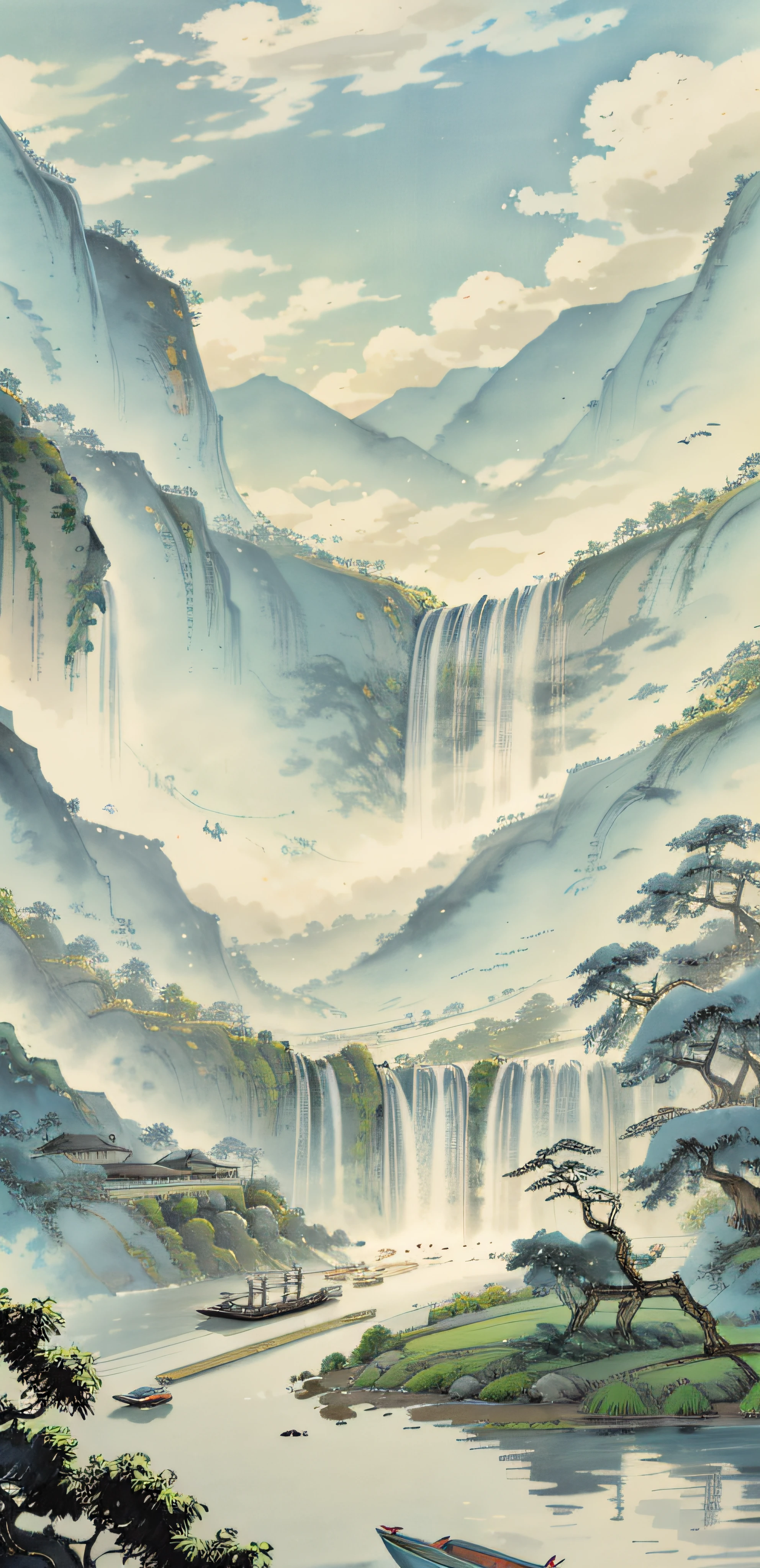 Chinese landscape painting,big trees,Stone waterfall,flowingwater,Far Tree,weeds,small boats,jetty,Sky blank clouds,Five or six farmhouses