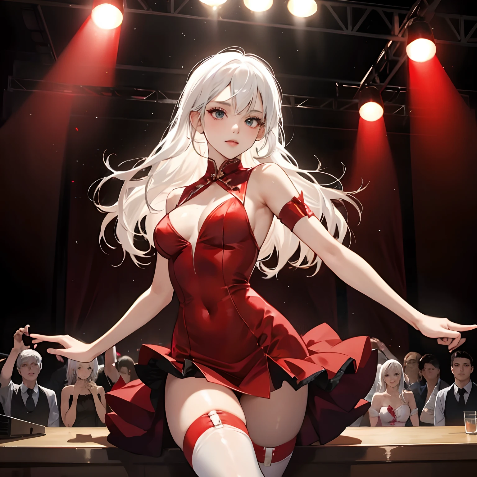 white hair, 1 girl, sexy, wearing a tight red dress, dancing on stage on the bar