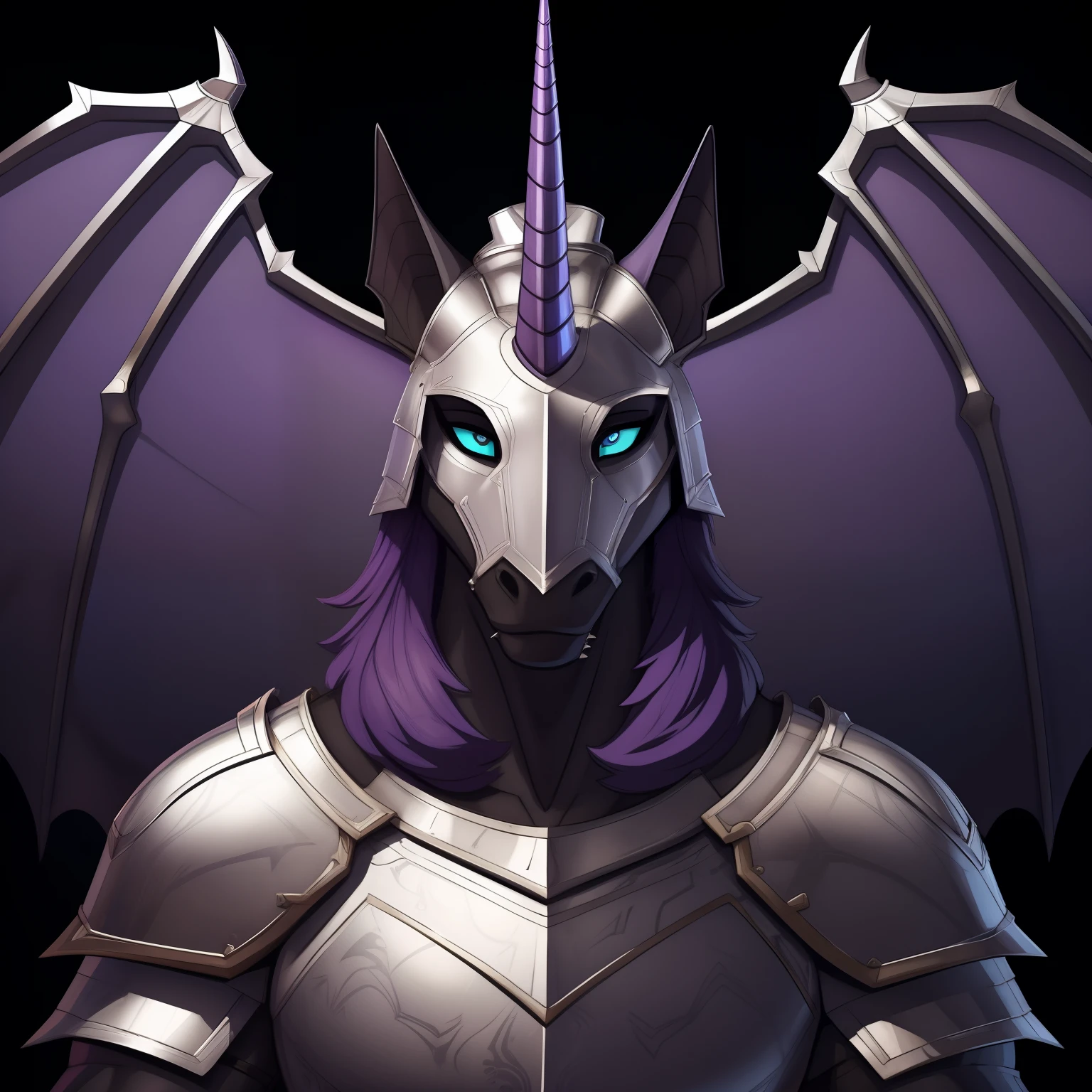 Tall_lanky_muscular_mature_unicorn female dark_purple_mane black_furry_body teal_eyes slit_pupils majestic solo Masterpiece best_quality absurdres highly_detailed silver_heavy_plate_armor silver_helmet cleanly_drawn_eyes fangs bat_wings purple_eyeshadow horse_snout anthro_only by_claweddrip, by_greasymojo, by_underscore-b, by_runawaystride