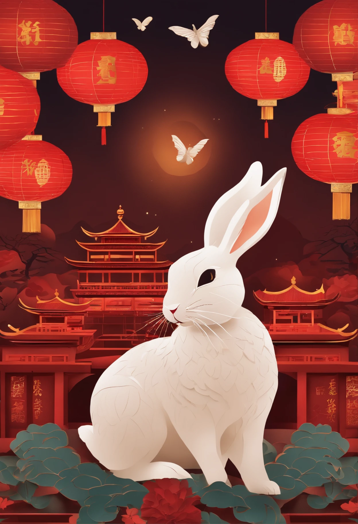 Zodiac rabbit,mid-autumn festival,Festival lanterns,The background is the streets of ancient China,Paper Cuttings style,Oriental style pattern,