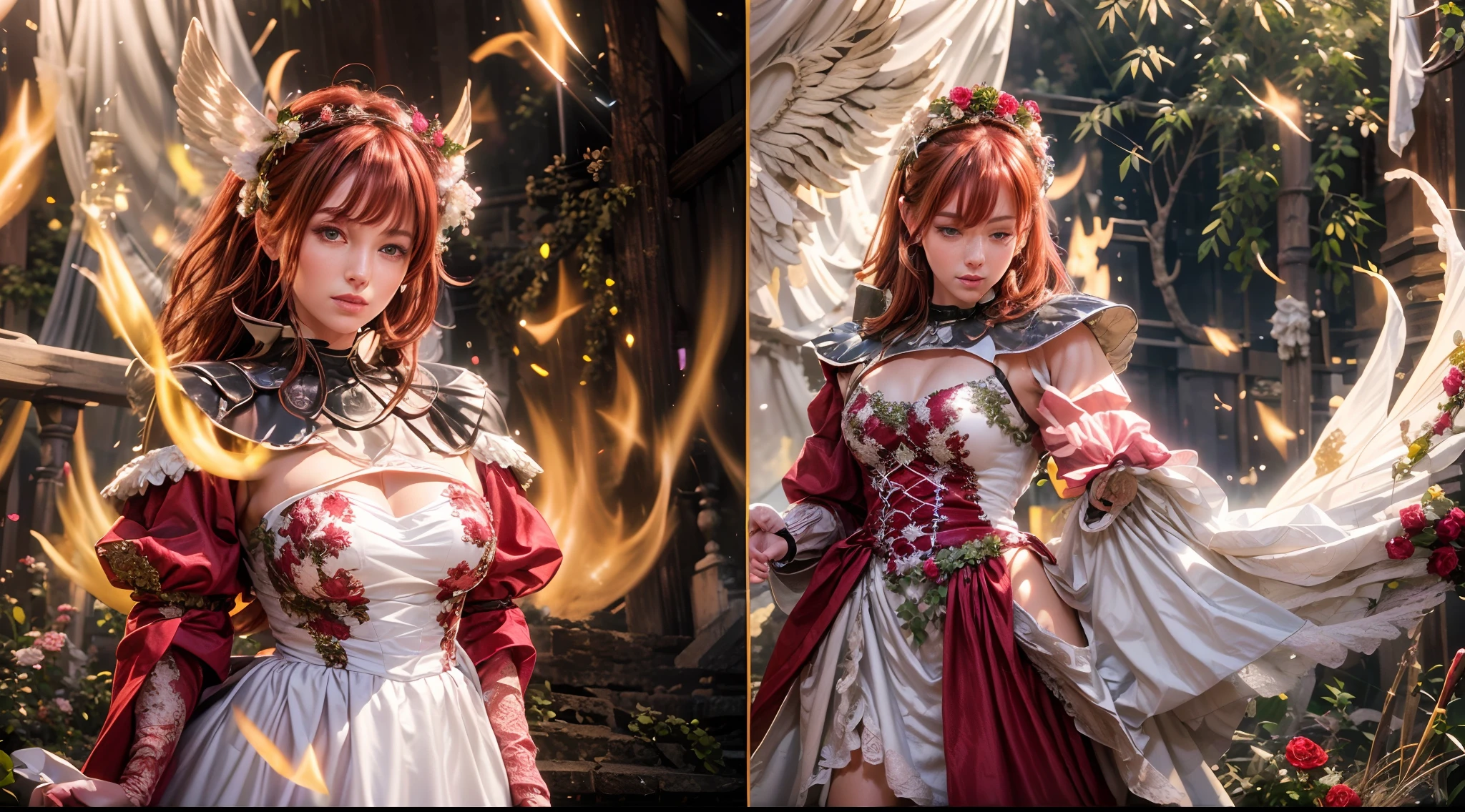 (Best quality,4K,8K,A high resolution,Masterpiece:1.2), Ultra-detailed,(Realistic,Photorealistic,photo-realistic:1.37), Amazingly beautiful girl with fire red hair, eery，ellegance, Enchanting eyes, Angel wings, Dressed in medieval armor. Crimson roses were scattered on the ground, Leather gloves, Slender legs, Fire red high heels.wedding gown