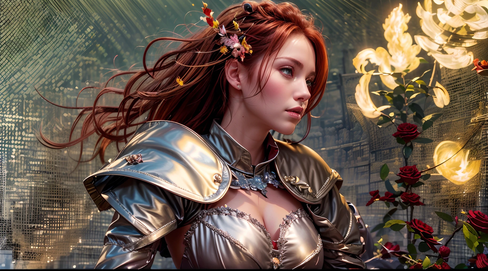 (Best quality,4K,8K,A high resolution,Masterpiece:1.2), Ultra-detailed,(Realistic,Photorealistic,photo-realistic:1.37), Amazingly beautiful girl with fire red hair, eery，ellegance, Enchanting eyes, Angel wings, Dressed in medieval armor. Crimson roses were scattered on the ground, Leather gloves, Slender legs, Fire red high heels.wedding gown