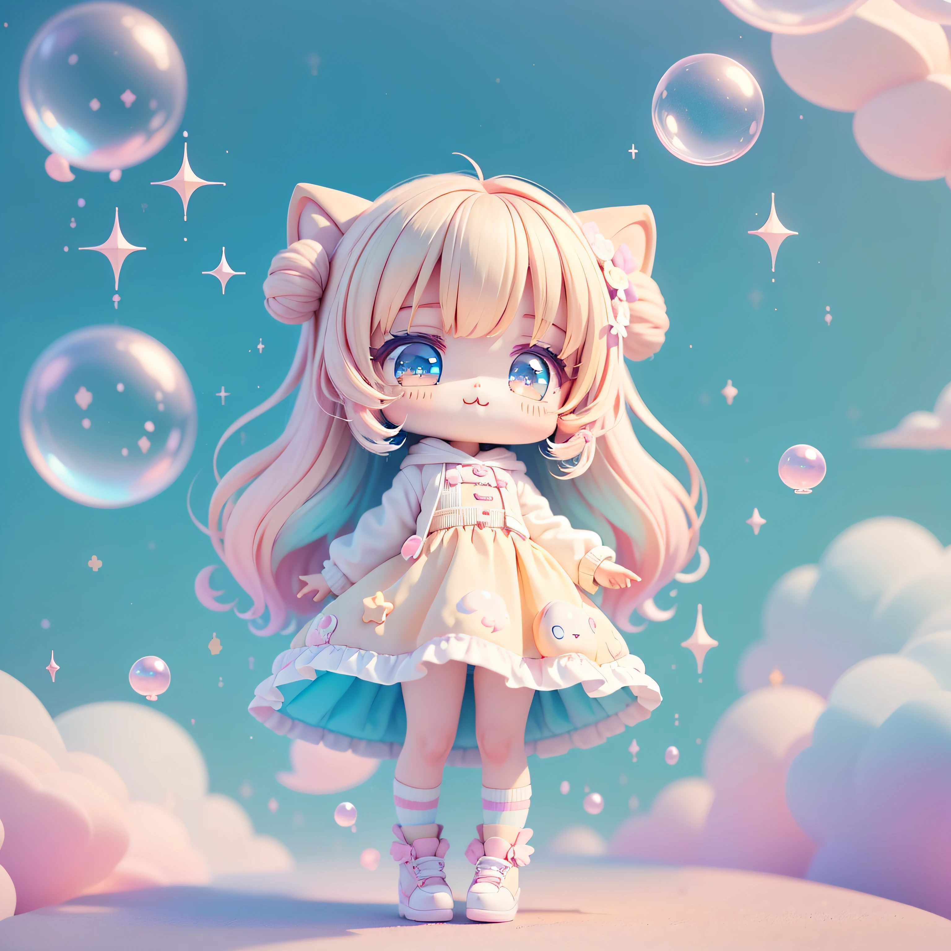 chibi looking up, leaning, bubbles around, kawaiitech, kawaii, cute, pastel colors, best quality, happy, reaching