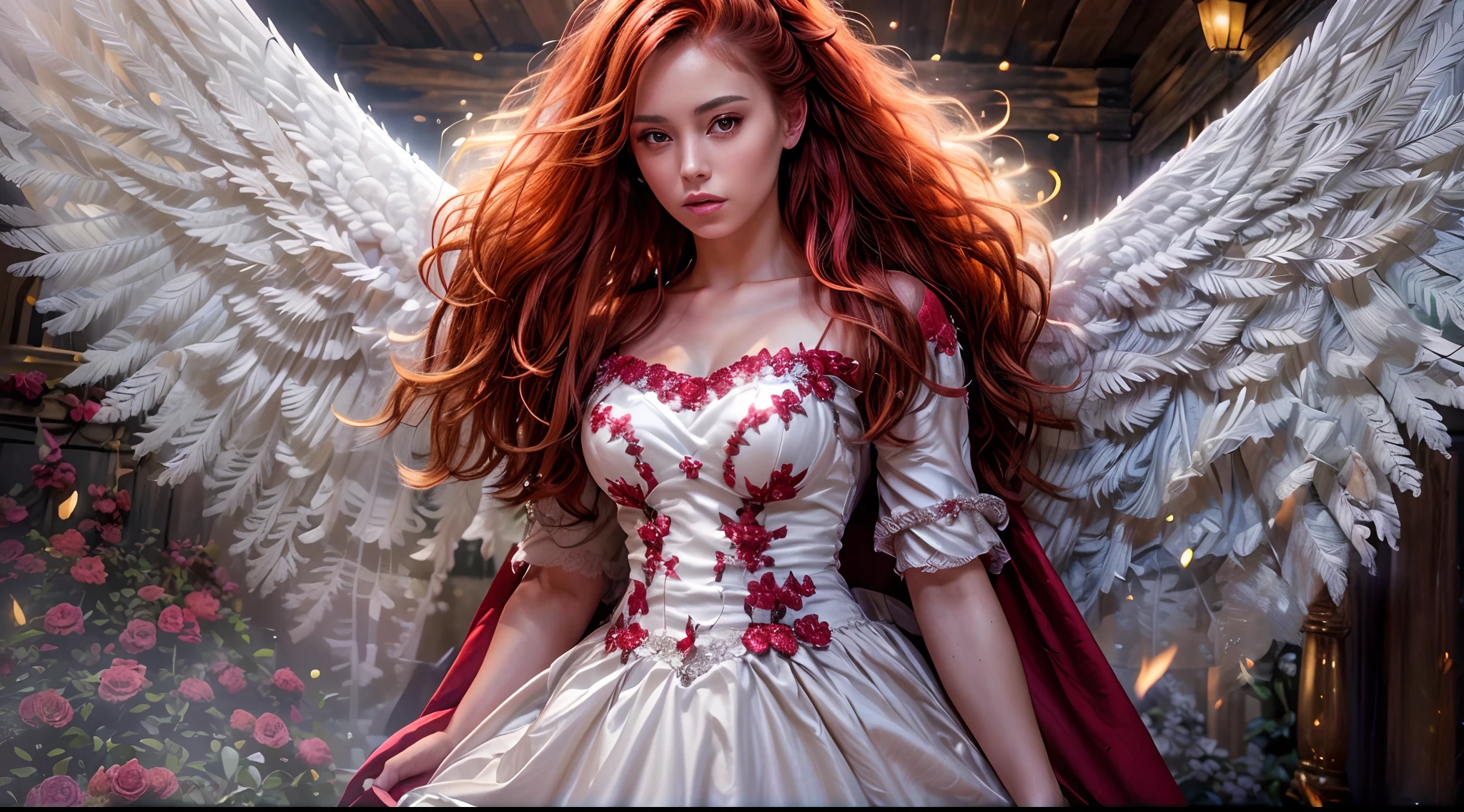 (Best quality,4K,8K,A high resolution,Masterpiece:1.2), Ultra-detailed,(Realistic,Photorealistic,photo-realistic:1.37), Amazingly beautiful girl with fire red hair, eery，ellegance, Enchanting eyes, Angel wings, Dressed in medieval armor. Crimson roses were scattered on the ground, Leather gloves, Slender legs, Fire red high heels.wedding gown