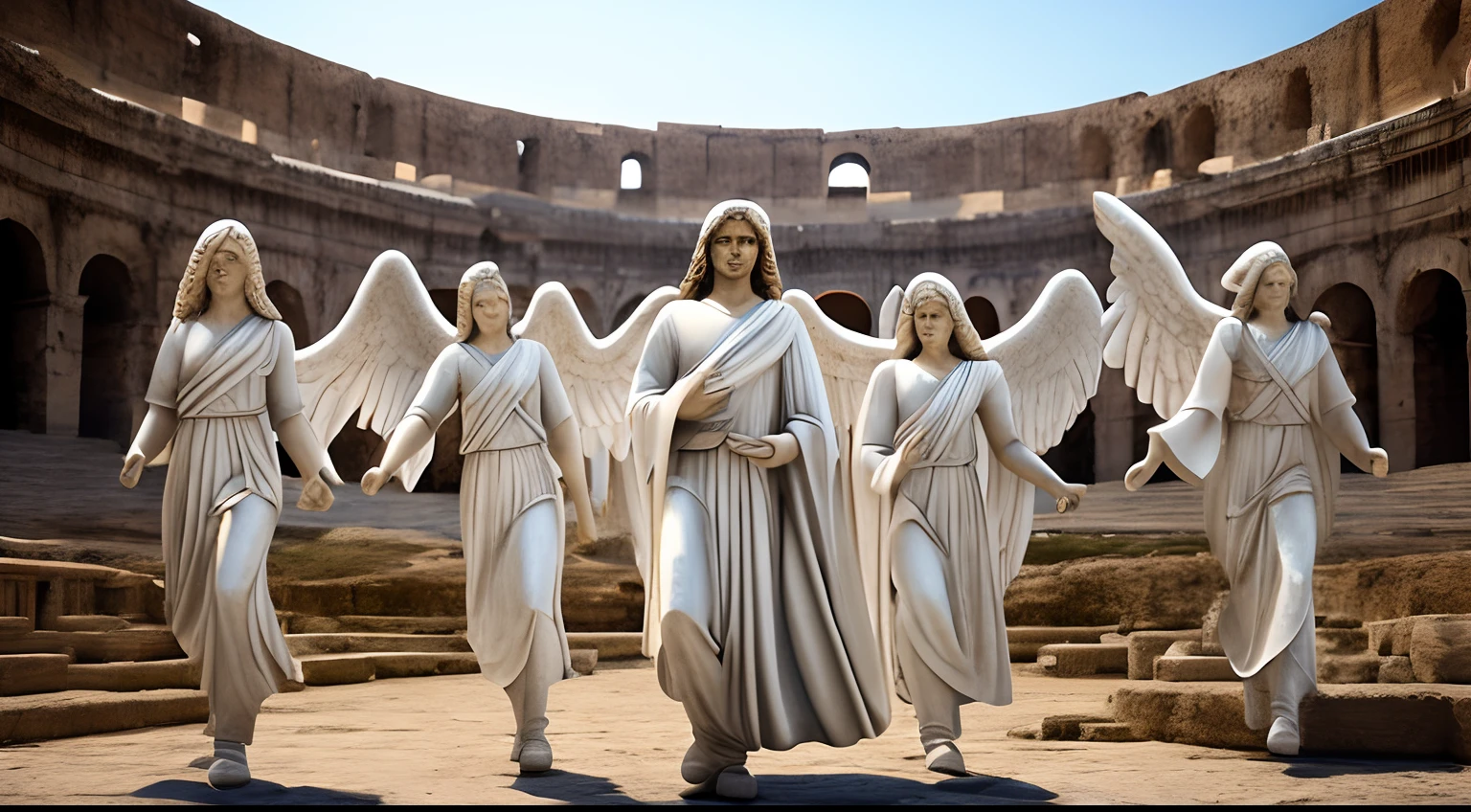 Angel Michael, leading several angels, near an ancient coliseum, super realistic image, 8k