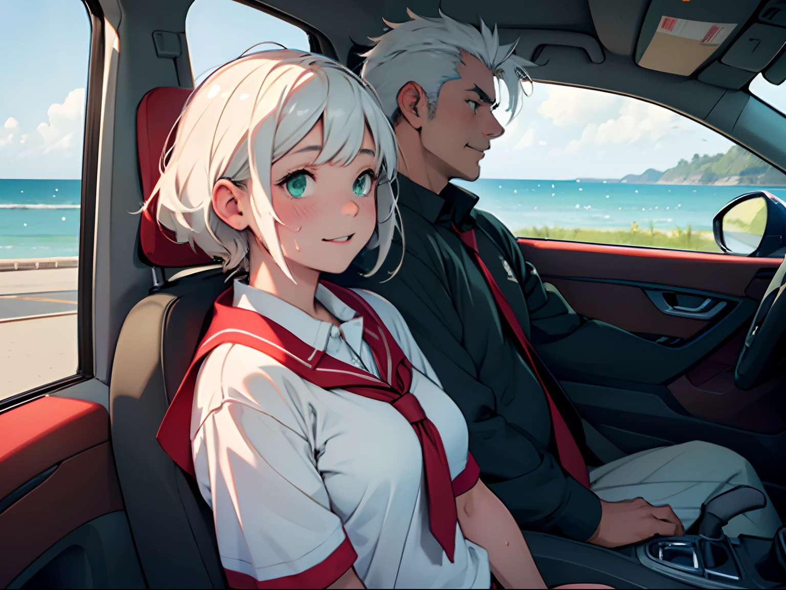 ​masterpiece,top-quality,Sea view road,While driving,1 man 1 girl,Fat uncle driving with a petite girl in the passenger seat,While driving,(Fat Man,Uncle with big belly,man with white hair,Stubble,Man in casual clothes),Girl sitting in the passenger seat,(black hair girl,Green-eyed girl,small tits,Girl in school uniform),Shy look,Smile a little,Red face,Open your mouth slightly,Sweating,Red convertible,blows wind,Hair flutters,