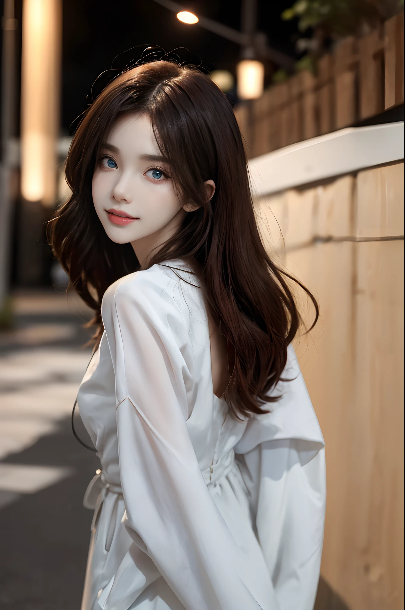 ((4K works))、​masterpiece、(top-quality)、1 beutiful girl、Slim body、tall、((Attractive clothes in black and white))、(Detailed beautiful eyes)、Take selfies on the road at night、((Face similar to Carly Rae Jepsen))、((Long boyish red hair))、((Smaller face))、((Neutral face))、((Bright blue eyes))、((American adult women))、((Adult female 26 years old))、((cool lady))、((Like a celebrity))、((Smiling expression))、((Korean Makeup))、((elongated and sharp eyes))、((Happy dating))、((boyish))、((She is walking in front of the viewer))、((She looks back))、((shot from back))、Professional Photos