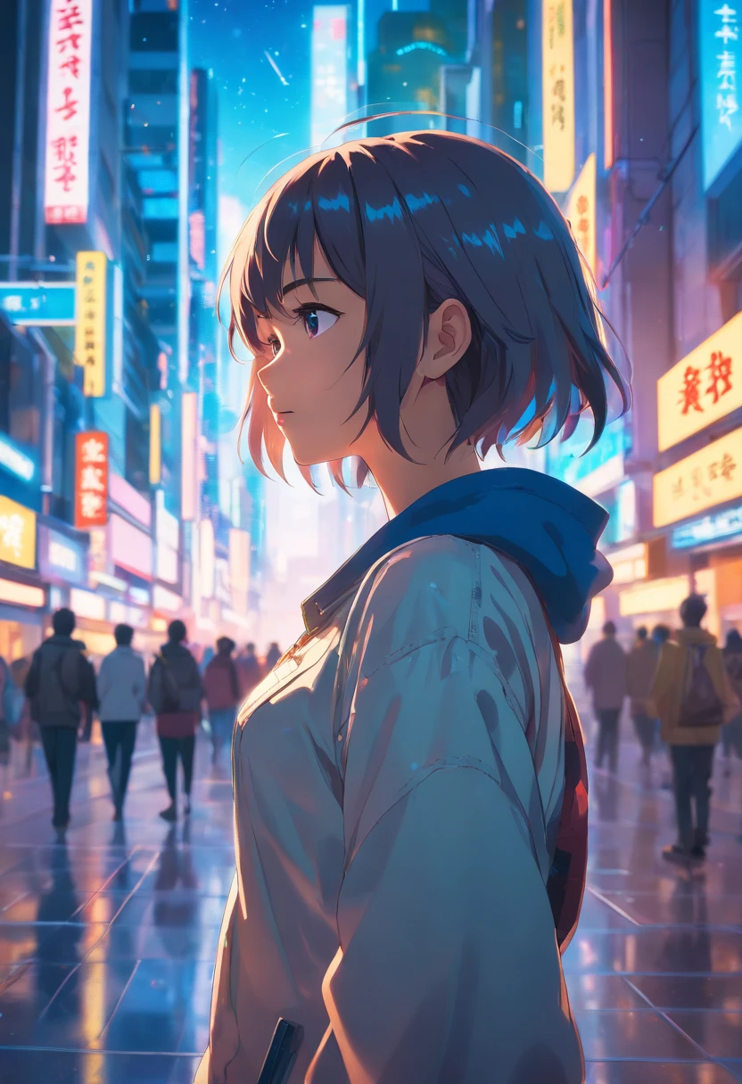 Model Photography Style, 20-year-old cyberpunk woman in a futuristic cyberpunk city, Intricate, Sci-fi, Futuristic, feminine face, 詳細な目, waist, A masterpiece of the highest quality, photo-realistic, Detailed, 8k, HDR, Shallow depth of field, broad light, high contrast, back light, Color glitter, chromatic aberration, sharp-focus, RAW color photo