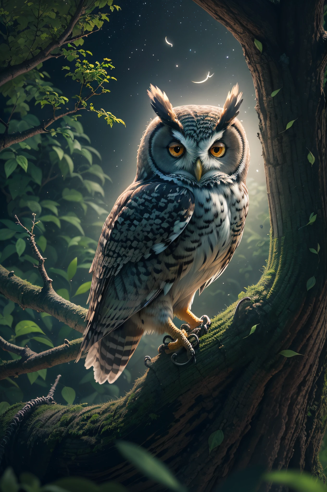 (best quality,4k,8k,highres,masterpiece:1.2),ultra-detailed,(realistic,photorealistic,photo-realistic:1.37),owl,tree,night,moon,forest,silent,mysterious,peaceful,ethereal,serene,darkness,shadows,branches,leaves,glimmering stars,moonlit sky,nocturnal animals,lush green foliage,whispering wind,gently swaying trees,hooting owl perched on a branch,wide-eyed and alert,feathers fluttering in the breeze,striking contrast between the owl's plumage and the dark night,branches stretching out like arms,creating a sense of embrace,moon casting a soft glow,illuminating the surrounding woods,magic in the air,tranquility embracing the moment,a moment frozen in time.