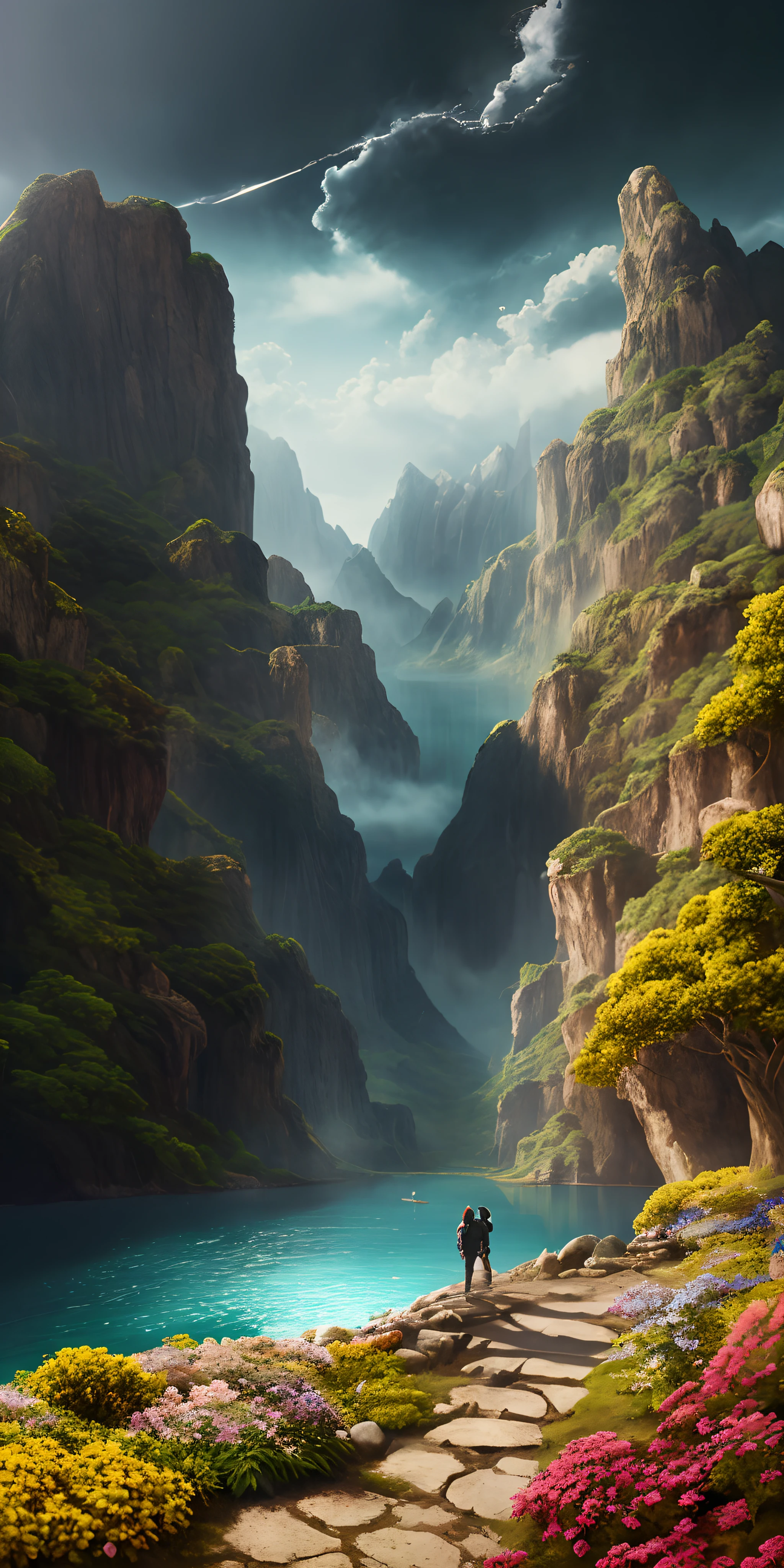 Masterpiece, best quality, high quality, extremely detailed CG unity 8k wallpaper, landscape, outdoor, sky, cloud, sky, no humans, mountain, landscape, water, tree, blue sky, waterfall, cliff, nature, lake, river , cloudy skies, award winning photography, bokeh, depth of field, HDR, bloom, chromatic aberration, photorealism, very detailed, trending on artstation, trending on CGsociety, intricate, high detail, dramatic, midjourney art