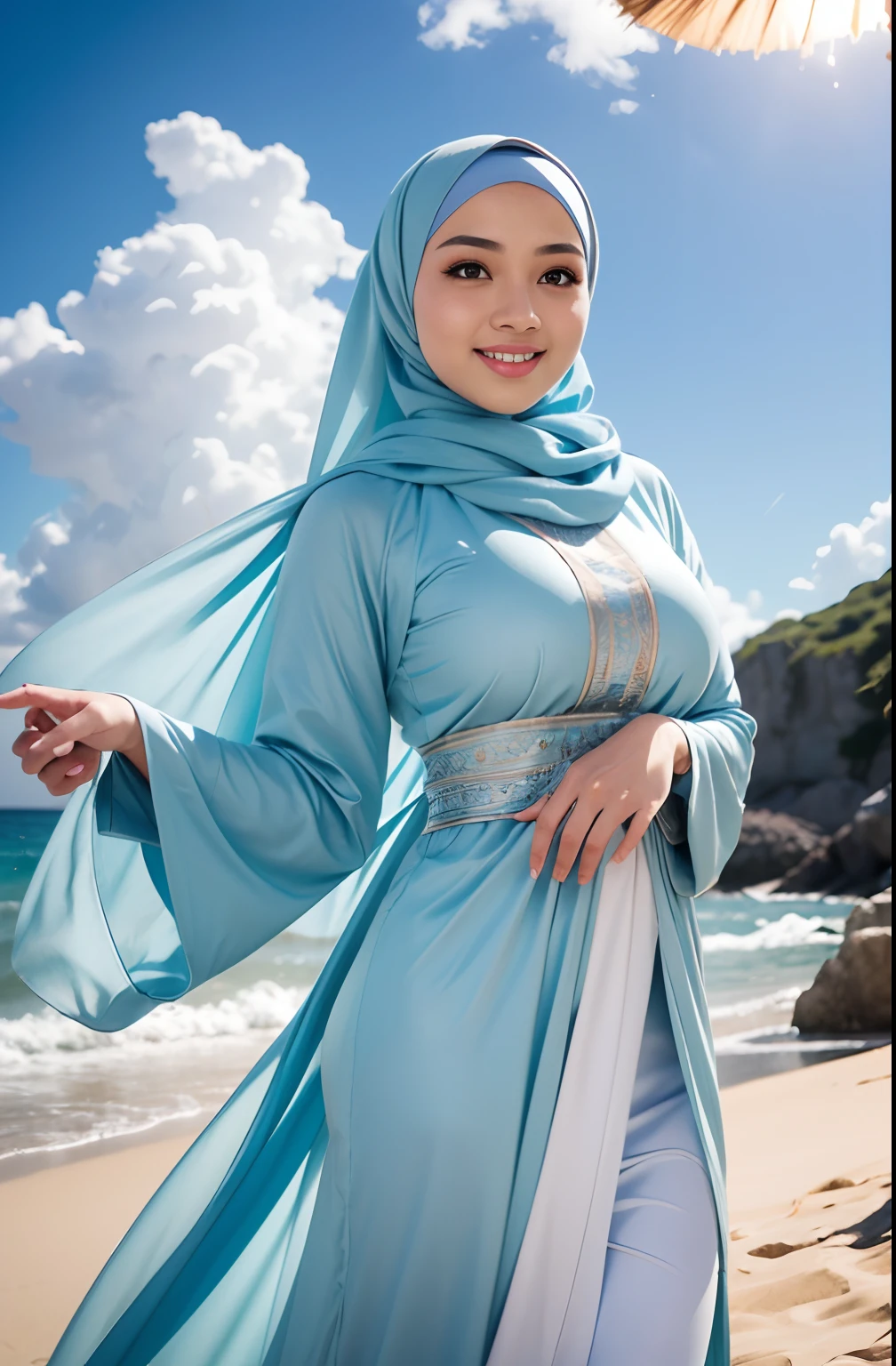 RAW, Best quality, high resolution, masterpiece: 1.3), beautiful Malay woman in hijab,Masterpiece, perfect slim fit body, (Huge breasts), big gorgeous eyes, Soft smile, RAW, Best quality, high resolution, masterpiece: 1.3), Beautiful Malay woman in hijab, Masterpiece, perfect slim body, big breasts, Best quality, 4K image quality, 1 Malay girl in hijab, light blue Hanfu, snow, long hijab fluttering in the wind , healing smile, big opening, blurred background, beach background, morning lighting