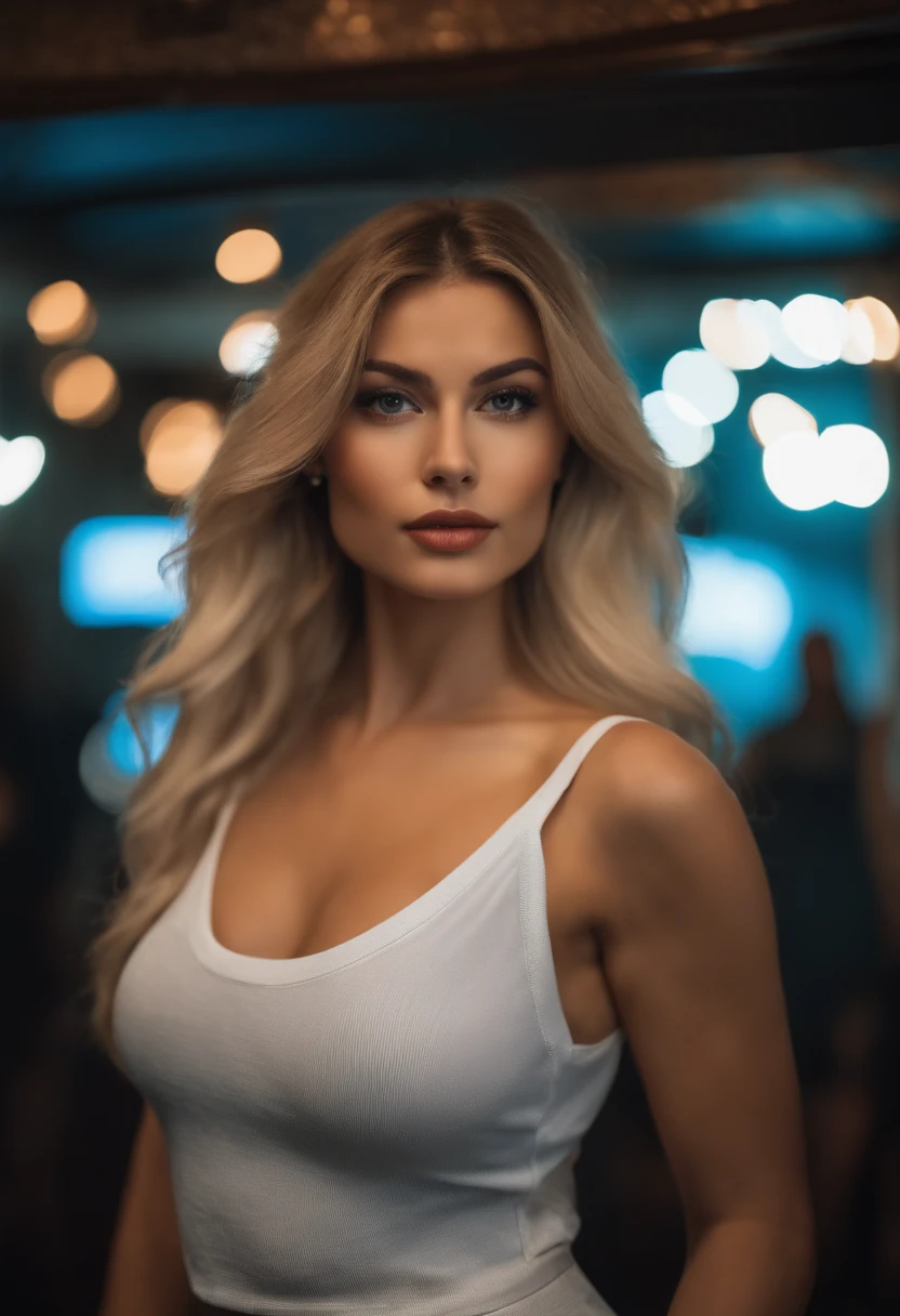 blonde woman with matching tank top and skirt posing at a night club, fille sexy aux yeux bleus, Portrait Sophie Mudd, blur background, best quality, 1girl, Portrait de Corinna Kopf, cheveux blonds et grands yeux, selfie of a young woman, ohne Maquillage, maquillage naturel, Look directly into the camera, Visage avec Artgram, dezentes Maquillage, Superbe photo du corps entier, dans la chambre, Gros seins, Blonde, latina