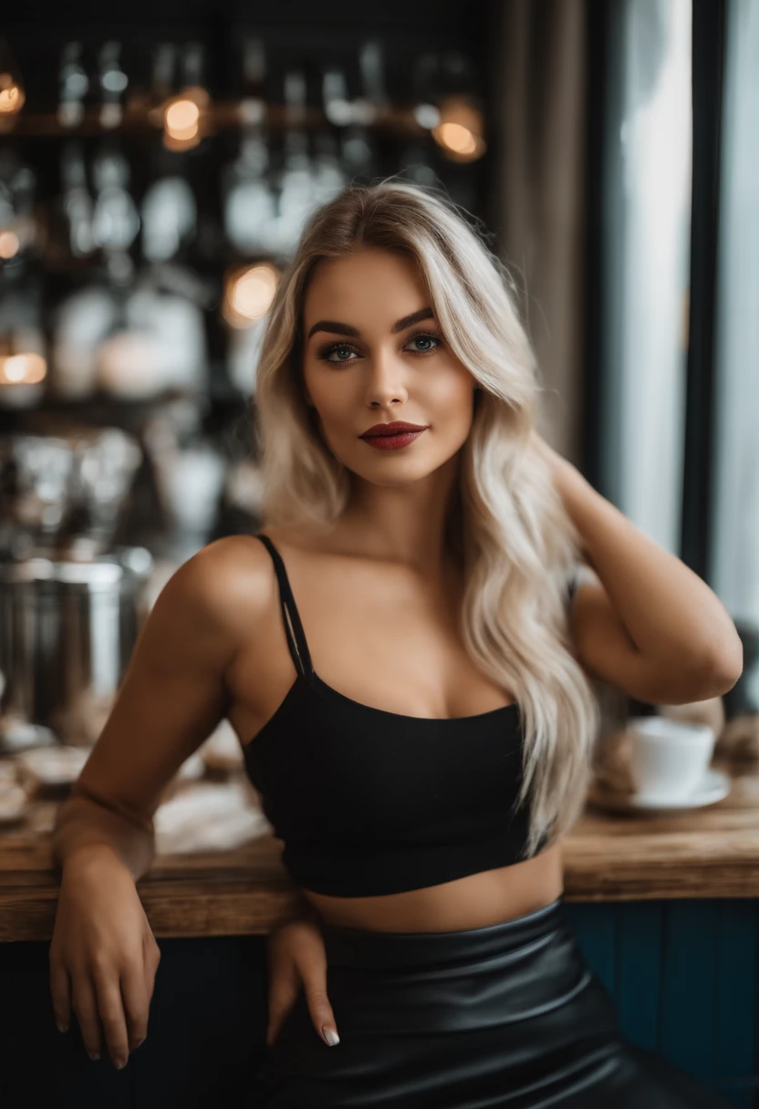 blonde woman with matching tank top and skirt posing at coffe , fille sexy aux yeux bleus, Portrait Sophie Mudd, blur background, best quality, 1girl, Portrait de Corinna Kopf, cheveux blonds et grands yeux, selfie of a young woman, ohne Maquillage, maquillage naturel, Look directly into the camera, Visage avec Artgram, dezentes Maquillage, Superbe photo du corps entier, dans la chambre, Gros seins, Blonde, latina