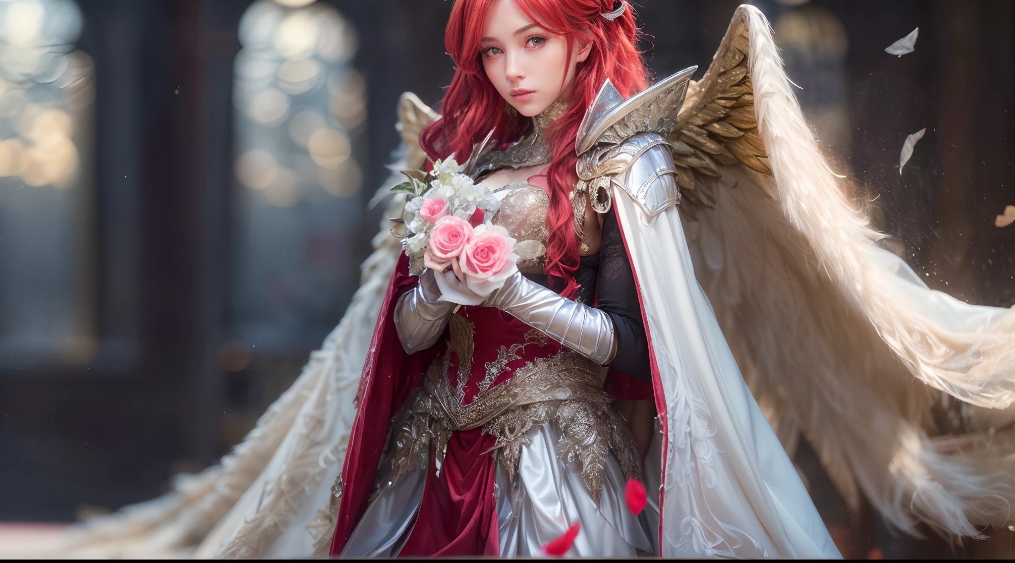 (Best quality,4K,8K,A high resolution,Masterpiece:1.2), Ultra-detailed,(Realistic,Photorealistic,photo-realistic:1.37), Amazingly beautiful girl with fire red hair, eery，ellegance, Enchanting eyes, Angel wings, Dressed in medieval armor. Crimson roses were scattered on the ground, Leather gloves, Slender legs, Fire red high heels.wedding gown