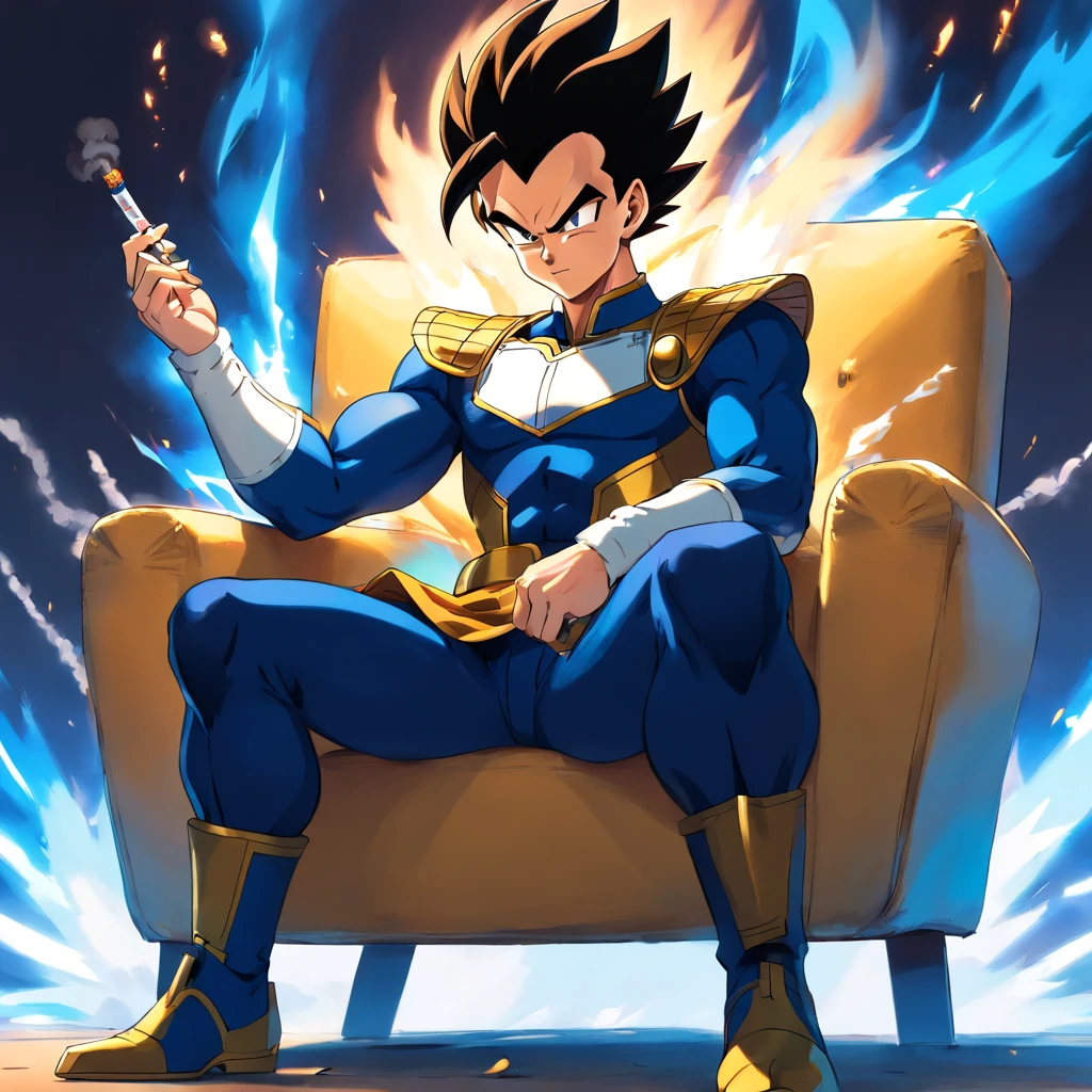 Vegeta usando um terno preto com um cigarro na boca, sitting in a chair that highlights your power and influence, masculino, Dragon ball