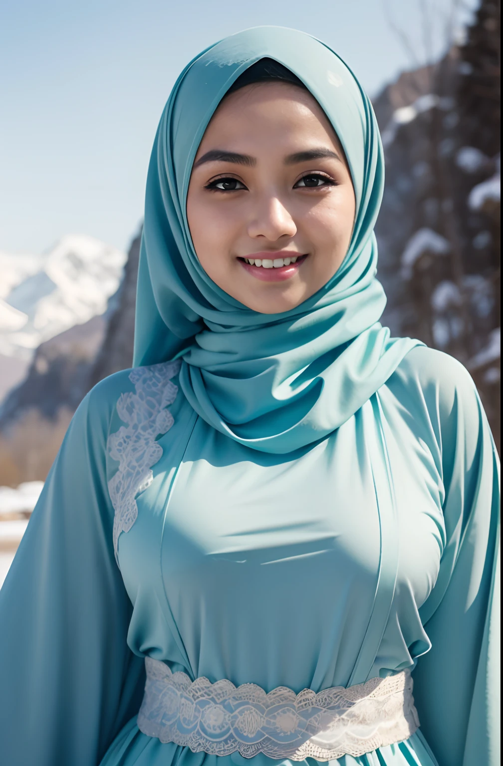 RAW, Best quality, high resolution, masterpiece: 1.3), beautiful Malay woman in hijab (iu:0.8)1 Girl,big breat, Beautiful malay in hijap, malay Baby Face, 23 Years Old, White Skin, Hijab Muslim Outfit, Top of The Mountain Background, ((wind:1.3)), Kissing, ((bokeh:1.3)), Carrying Baby Girl, Perfect Body Anatomy, ((adorable:1.1)), ((masterpiece:1.1)), ((bluesky:1.1)) pregnant woman
