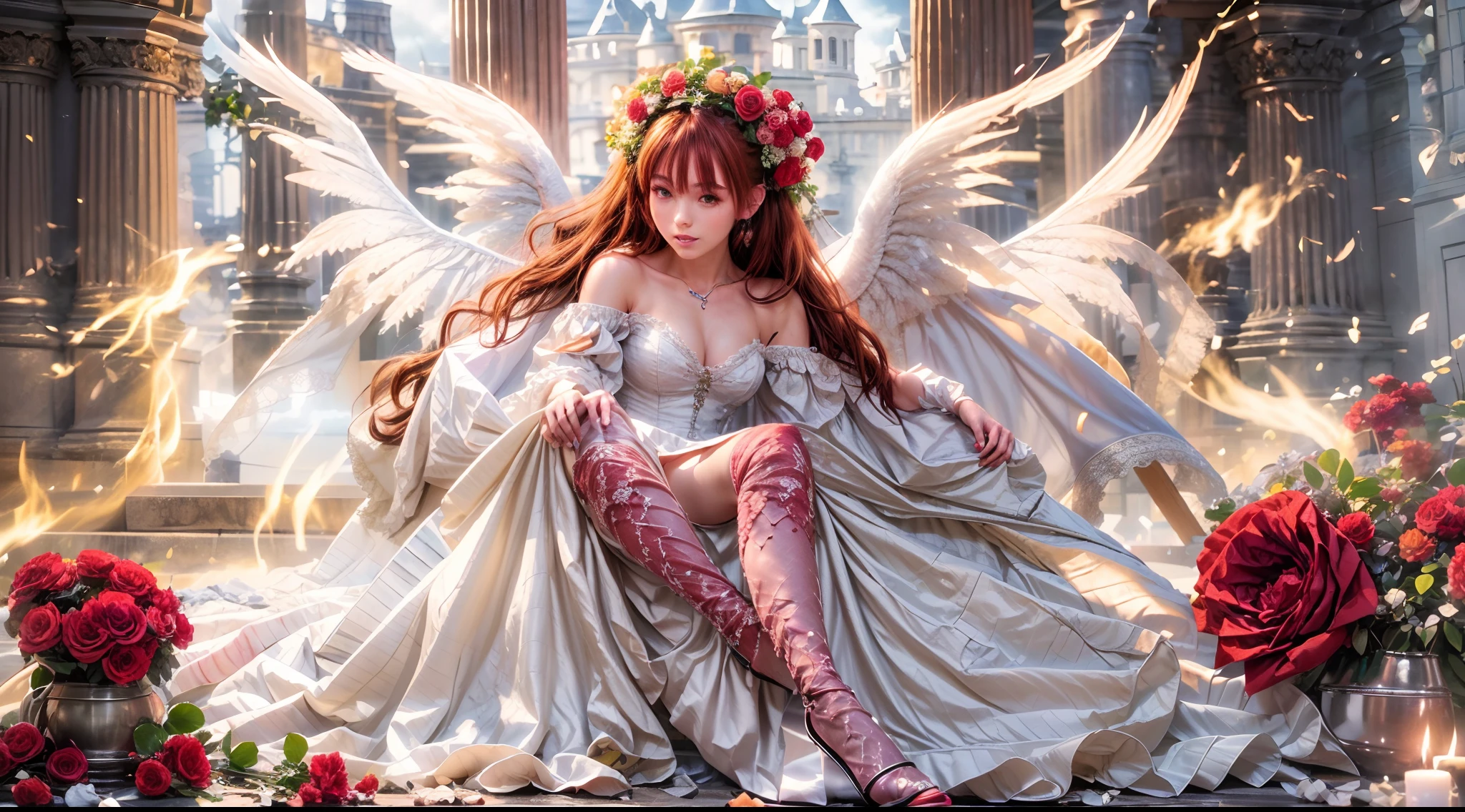 (Best quality,4K,8K,A high resolution,Masterpiece:1.2), Ultra-detailed,(Realistic,Photorealistic,photo-realistic:1.37), Amazingly beautiful girl with fire red hair, eery,ellegance, Enchanting eyes, Angel wings, Dressed in medieval armor. Crimson roses were scattered on the ground, Leather gloves, Slender legs, Fire red high heels.wedding gown
