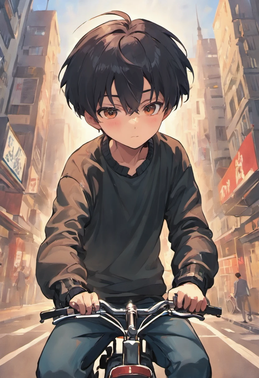 there is a man riding a motorcycle in the park on a sunny day, boy has short black hair, ayan nag, screenshot from a movie, shinji, still from a terence malik film, duy beni serial, ramil sunga, with his long black hair, still from a music video, around 1 9 years old, a handsome man,black short hair anime
