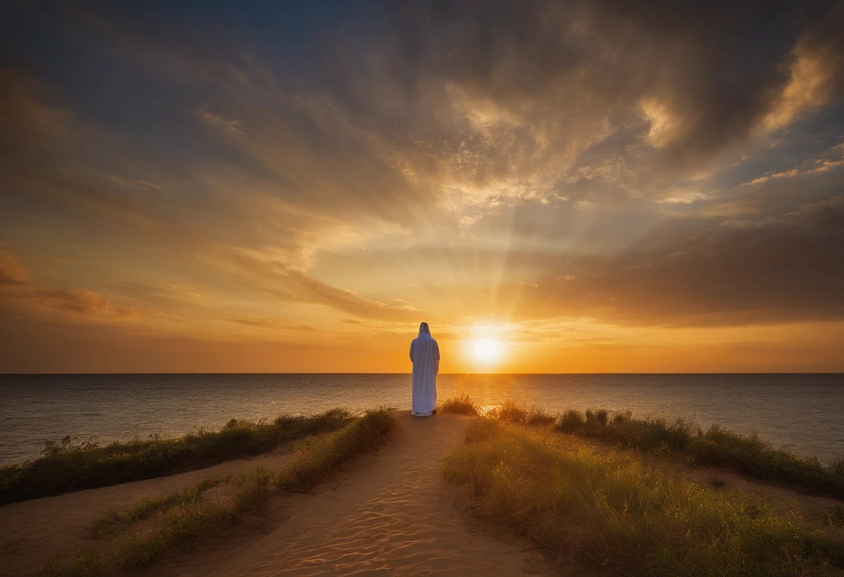 "Visualize uma cena iluminada e serena, where an aura of peace and blessing hangs over an individual in prayer. This individual is shrouded in a golden light, representing the presence and protection of Jesus Christ. Ao seu redor, symbols of joy, healthcare, prosperidade e harmonia flutuam, prontos para serem derramados sobre ele e sua comunidade. The figure of Jesus Christ looms over this scene, emanando generosidade e amor incondicional, representing divine intercession. May this image convey the certainty of the abundance that comes with the blessing of Jesus Christ and the unconditional love of the divine, inundando cada aspecto da vida com alegria, healthcare, prosperidade e harmonia."