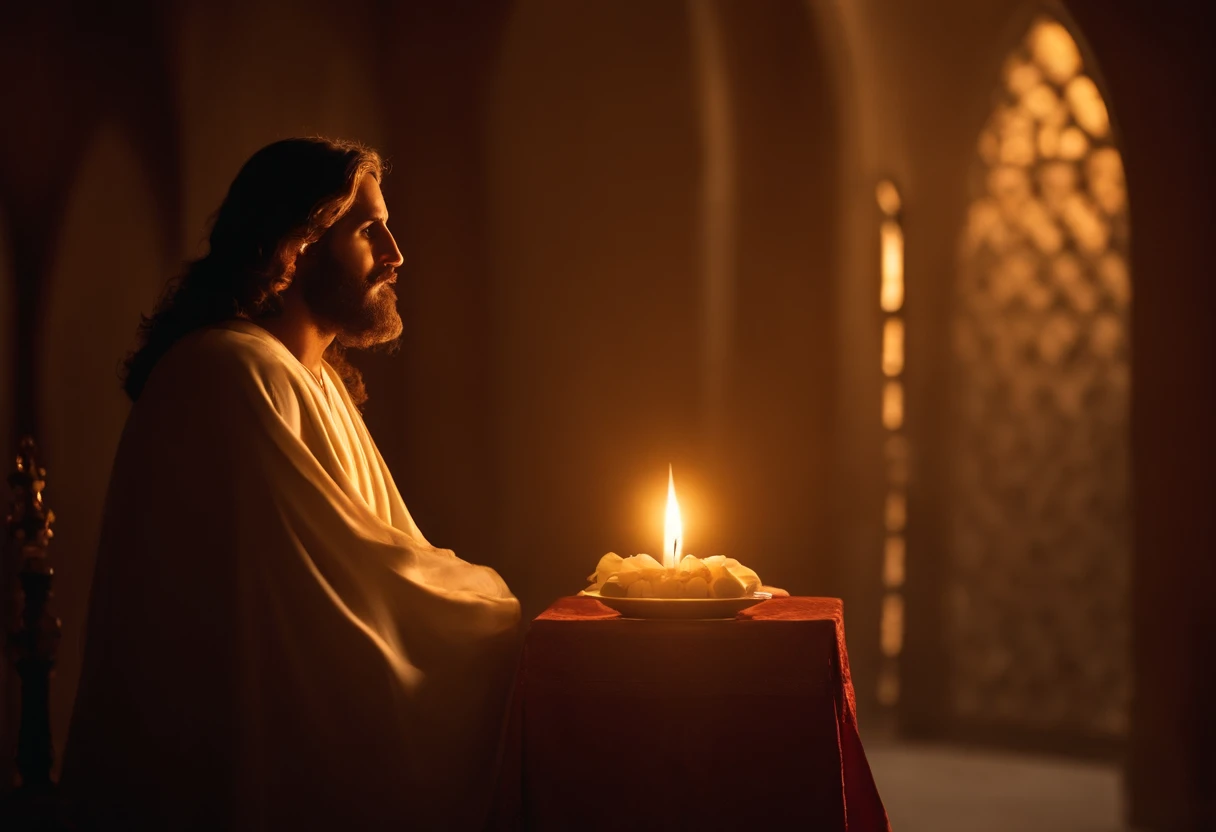 "Visualize uma cena iluminada e serena, where an aura of peace and blessing hangs over an individual in prayer. This individual is shrouded in a golden light, representing the presence and protection of Jesus Christ. Ao seu redor, symbols of joy, healthcare, prosperidade e harmonia flutuam, prontos para serem derramados sobre ele e sua comunidade. The figure of Jesus Christ looms over this scene, emanando generosidade e amor incondicional, representing divine intercession. May this image convey the certainty of the abundance that comes with the blessing of Jesus Christ and the unconditional love of the divine, inundando cada aspecto da vida com alegria, healthcare, prosperidade e harmonia."