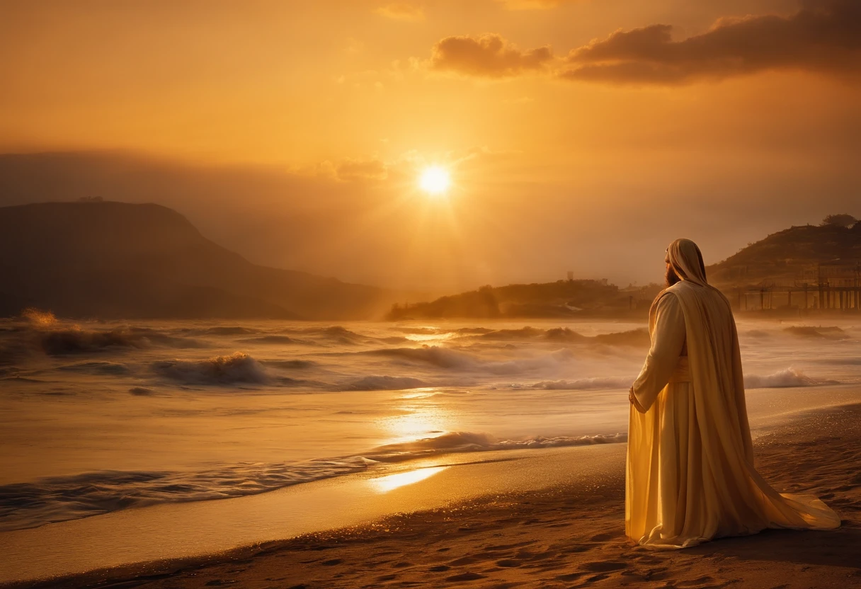 "Visualize uma cena iluminada e serena, where an aura of peace and blessing hangs over an individual in prayer. This individual is shrouded in a golden light, representing the presence and protection of Jesus Christ. Ao seu redor, symbols of joy, healthcare, prosperidade e harmonia flutuam, prontos para serem derramados sobre ele e sua comunidade. The figure of Jesus Christ looms over this scene, emanando generosidade e amor incondicional, representing divine intercession. May this image convey the certainty of the abundance that comes with the blessing of Jesus Christ and the unconditional love of the divine, inundando cada aspecto da vida com alegria, healthcare, prosperidade e harmonia."