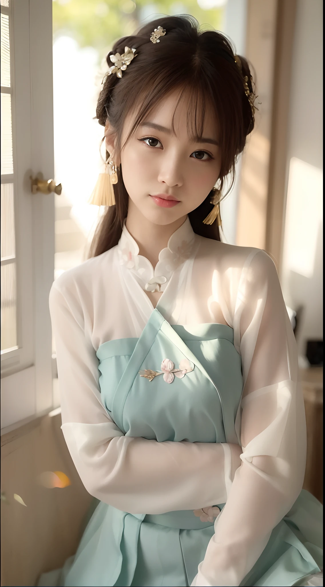 (best quality,4k,8k,highres,masterpiece:1.2),ultra-detailed,(realistic,photorealistic,photo-realistic:1.37),A beautiful young girl, with Asian ethnicity, wearing a blue and white dress, seated on a windowsill. She is surrounded by an atmosphere reminiscent of ancient China. The girl is also wearing traditional Chinese clothing, known as Hanfu, which adds a touch of elegance to her appearance. Her eyes are beautifully detailed, with long eyelashes that draw attention to her expressive gaze. Her lips are also detailed, adding to the overall charm of her face. The scene is set in a palace, with intricate architectural details and decorations, showcasing the richness of Chinese culture. The colors in the image are vivid, with a color palette inspired by traditional Chinese art. The lighting is carefully designed to highlight the girl's features and create a sense of warmth and coziness. This artwork captures the essence of Chinese beauty and tradition, blending historical elements with a contemporary aesthetic.