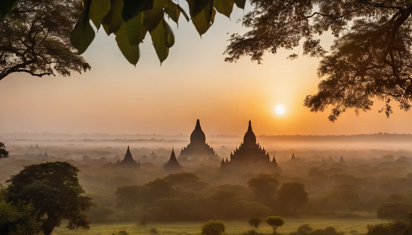 Bagan pagoda ((Damanyangyi))of Burma at sunrise, morning dew, best composition, masterpiece art work, long view, silhouette of pagodas , at sunrise,