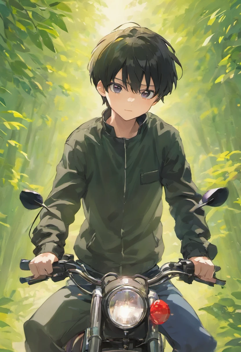 there is a man riding a motorcycle in the park on a sunny day, boy has short black hair, ayan nag, screenshot from a movie, shinji, still from a terence malik film, duy beni serial, ramil sunga, with his long black hair, still from a music video, around 1 9 , a handsome man,black short hair anime