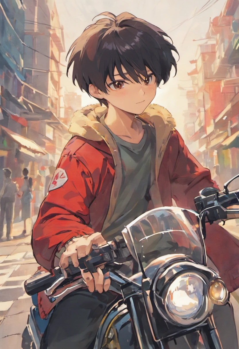 there is a man riding a motorcycle in the park on a sunny day, boy has short black hair, ayan nag, screenshot from a movie, shinji, still from a terence malik film, duy beni serial, ramil sunga, with his long black hair, still from a music video, around 1 9 years old, a handsome man，black short hair anime
