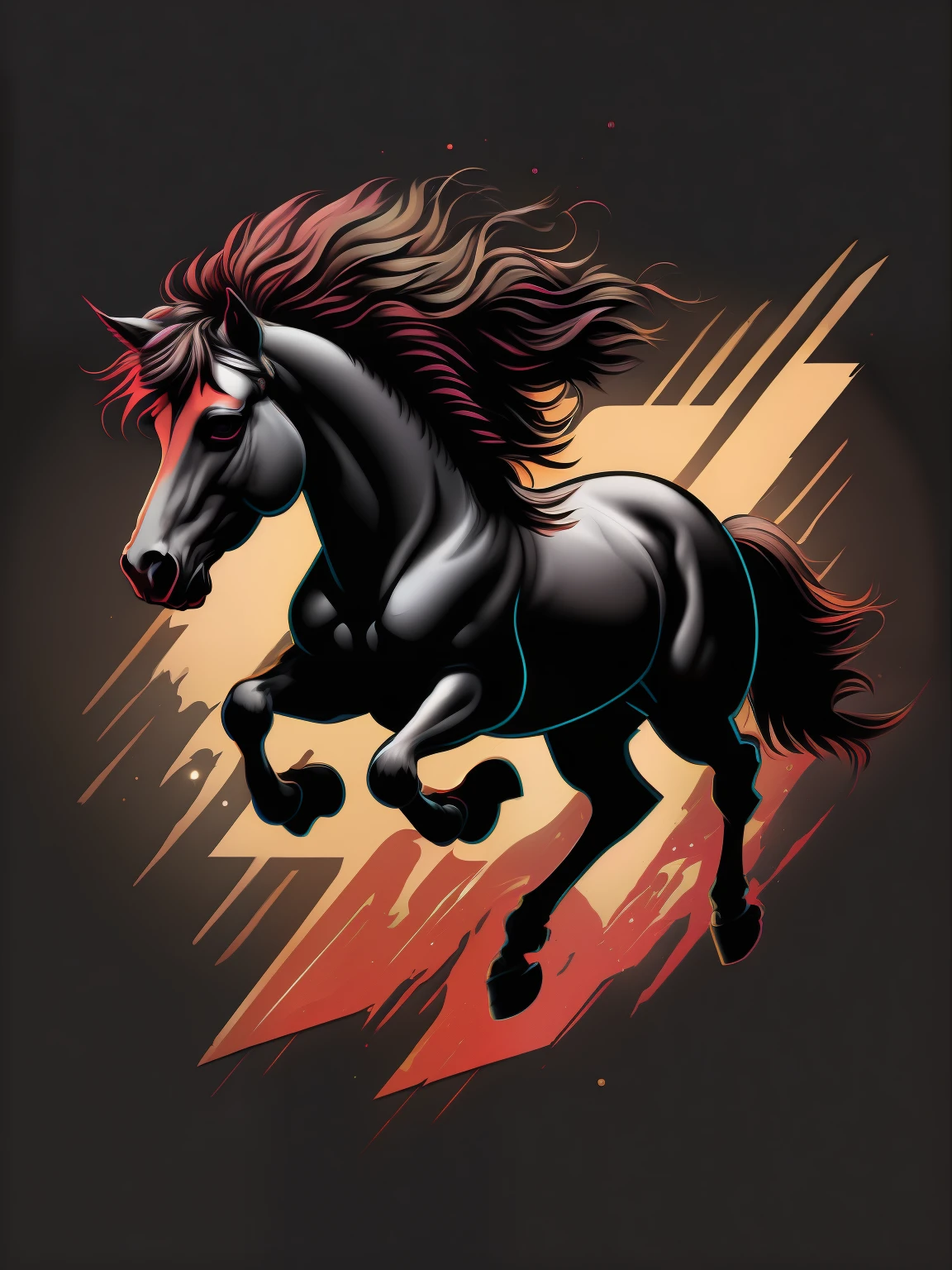 pony full body logo design, pony full bodyjumping, Symbols, Fantasy,80's vector image, design, isolated, black background, brown red illustration and grey only, no shadows