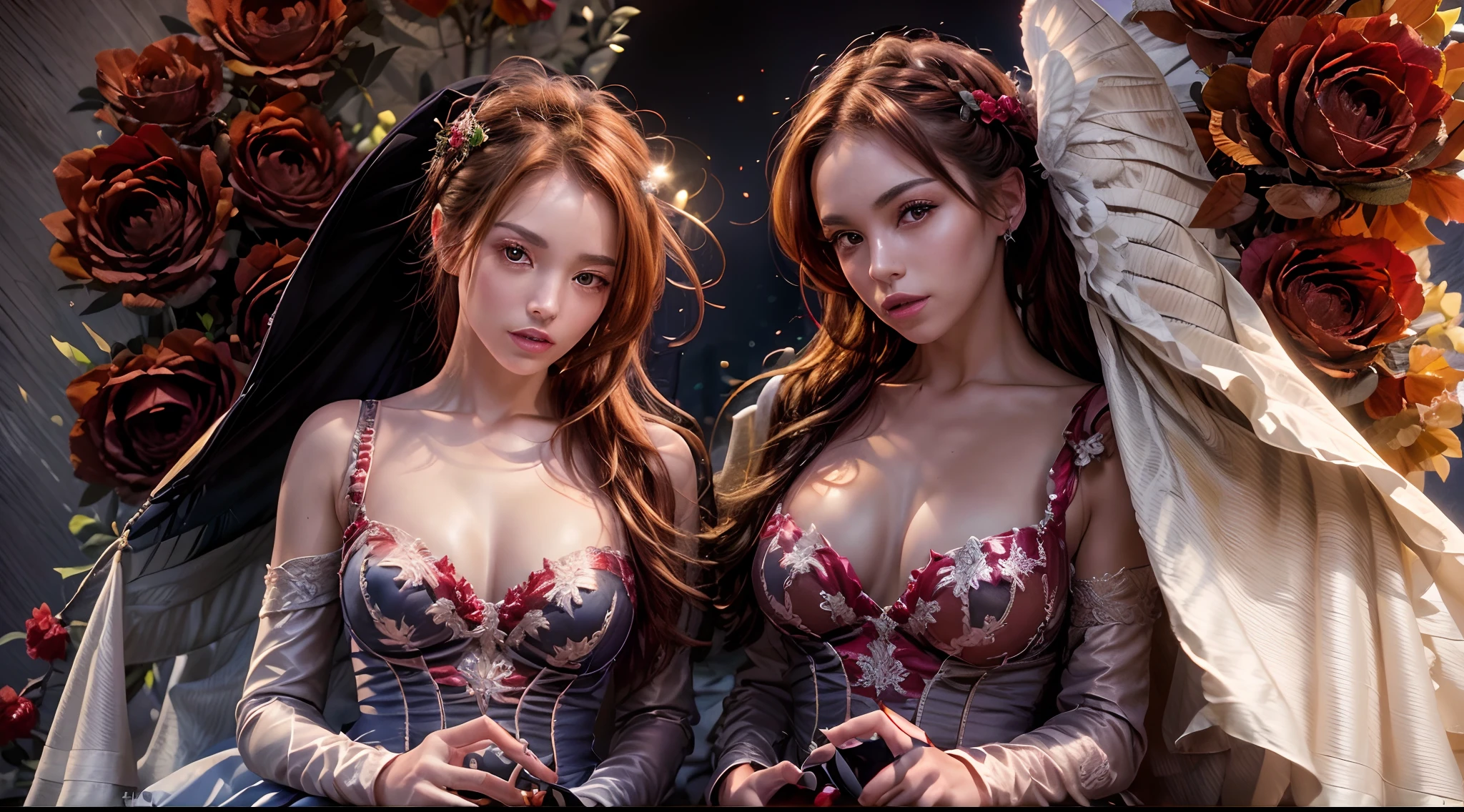 (Best quality,4K,8K,A high resolution,Masterpiece:1.2), Ultra-detailed,(Realistic,Photorealistic,photo-realistic:1.37), Amazingly beautiful girl with fire red hair, eery,ellegance, Enchanting eyes, Angel wings, Dressed in medieval armor. Crimson roses were scattered on the ground, Leather gloves, Slender legs, Fire red high heels.wedding gown