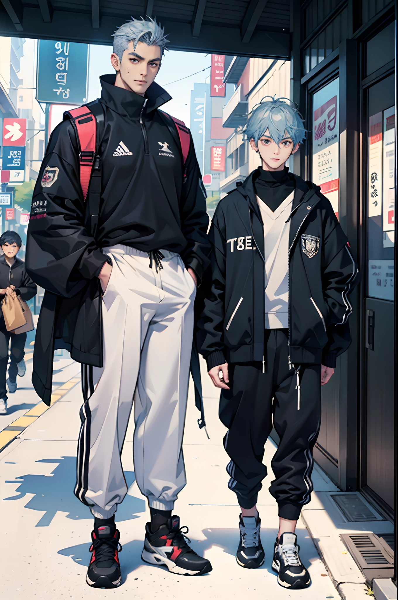 (tmasterpiece,超高分辨率,16k UHD,high qulity),low tune,standing on your feet,looking at viewert,tmasterpiece,A tall man,Stand next to the coffee shop,are standing,(Gray blue hair),Black eyes,ssmile,Seoul,(small heads),Tall man, Masculine face shape,Precise anatomy,Precise hand structure,light colored costume,flight jaket,((athletic sneakers)),wristwatch,Unity 16K wallpaper,concept-art,One guy,8K eyes,(((Mature male))),(Comb back short hair),(photorealiscic face:1.8),broad shoulder,slips,(full bodyesbian:1.6),Male 18