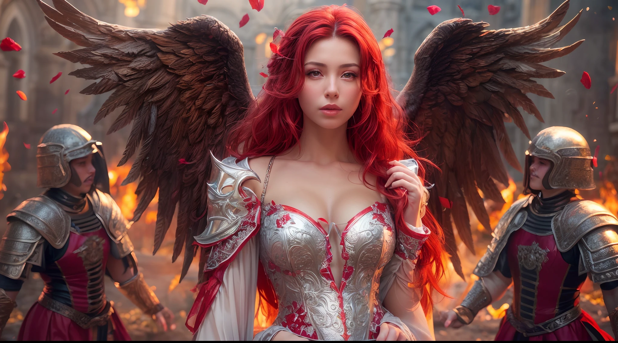 (Best quality,4K,8K,A high resolution,Masterpiece:1.2), Ultra-detailed,(Realistic,Photorealistic,photo-realistic:1.37), Amazingly beautiful girl with fire red hair, eery，ellegance, Enchanting eyes, Angel wings, Dressed in medieval armor. Crimson roses were scattered on the ground, Leather gloves, Slender legs, Fire red high heels.wedding gown