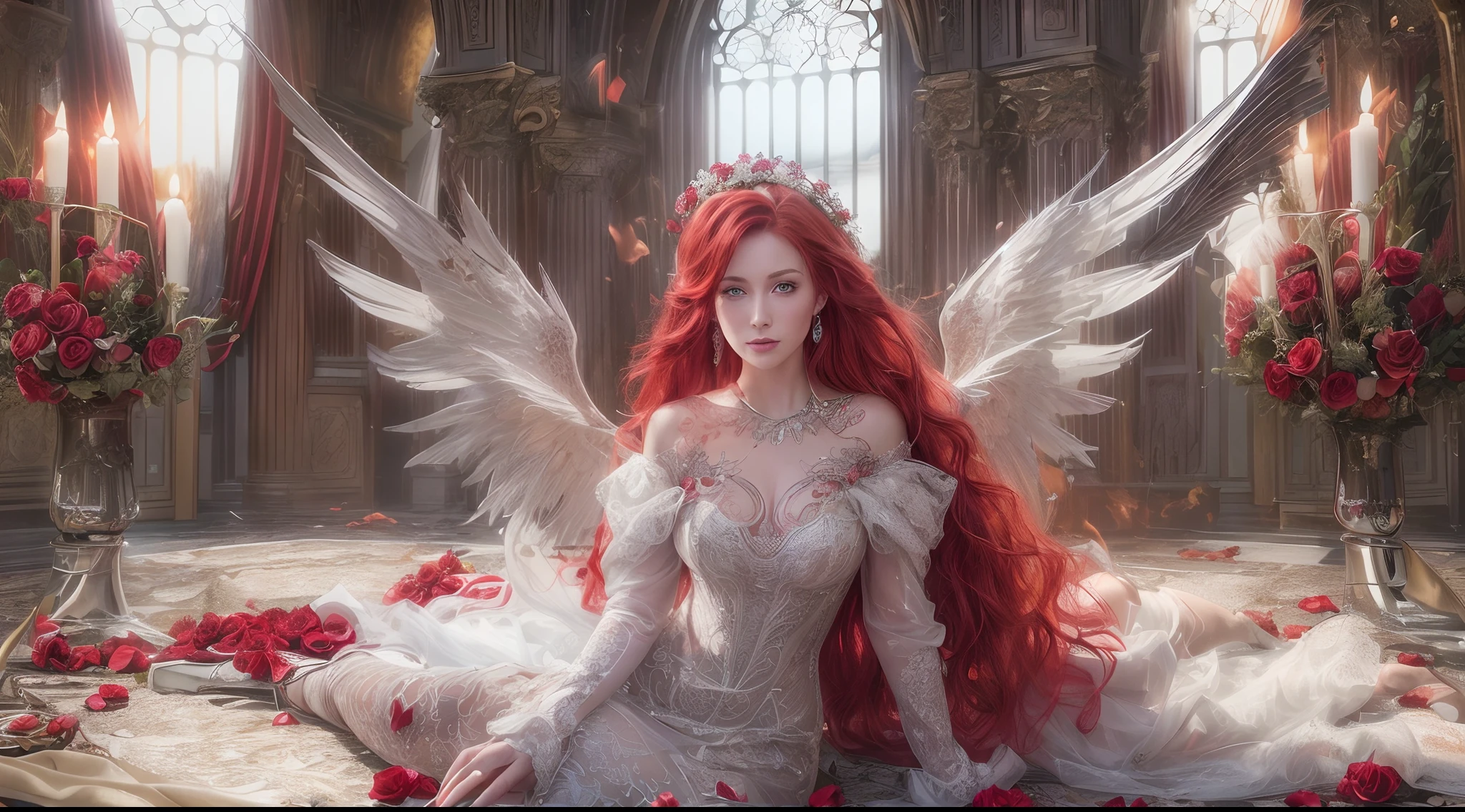 (Best quality,4K,8K,A high resolution,Masterpiece:1.2), Ultra-detailed,(Realistic,Photorealistic,photo-realistic:1.37), Amazingly beautiful girl with fire red hair, eery，ellegance, Enchanting eyes, Angel wings, Dressed in medieval armor. Crimson roses were scattered on the ground, Leather gloves, Slender legs, Fire red high heels.wedding gown