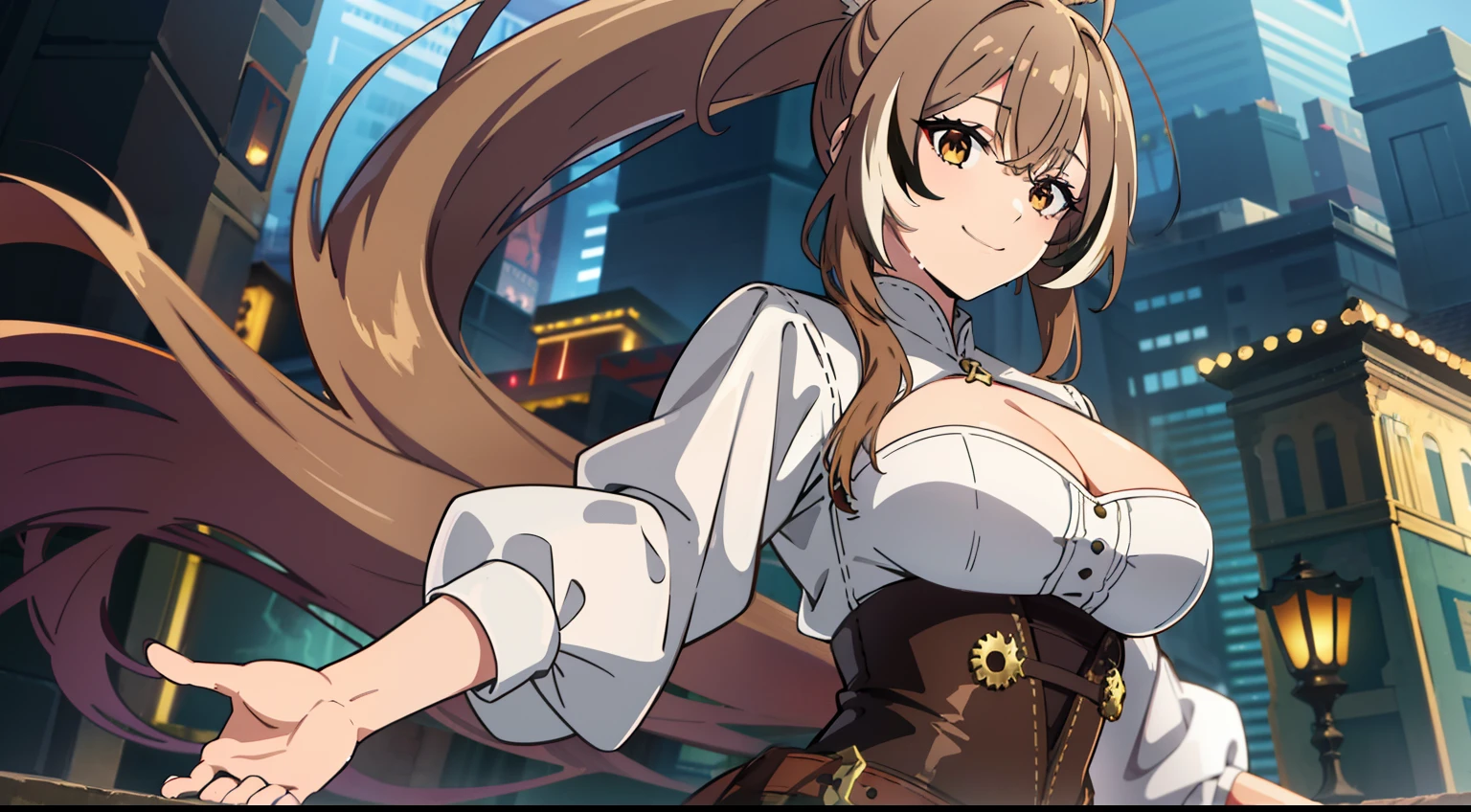 2D, HD, Detailed details, Detailed landscapes, beautiful lights, Beautiful Shadows, top-quality, Highly detailed, masterpiece, best quality, highres, aamumei, long hair, ponytail, ahoge, multicolored hair, feather hair ornament, hairclip, white shirt, brown corset, red skirt, mini breasts, closed mouth, smile, looking at viewer, highly detailed hands, highly detailed eyes, cleavage, Perfect hands, highly detailed face, full body, anime styled, simple background, wet clothes